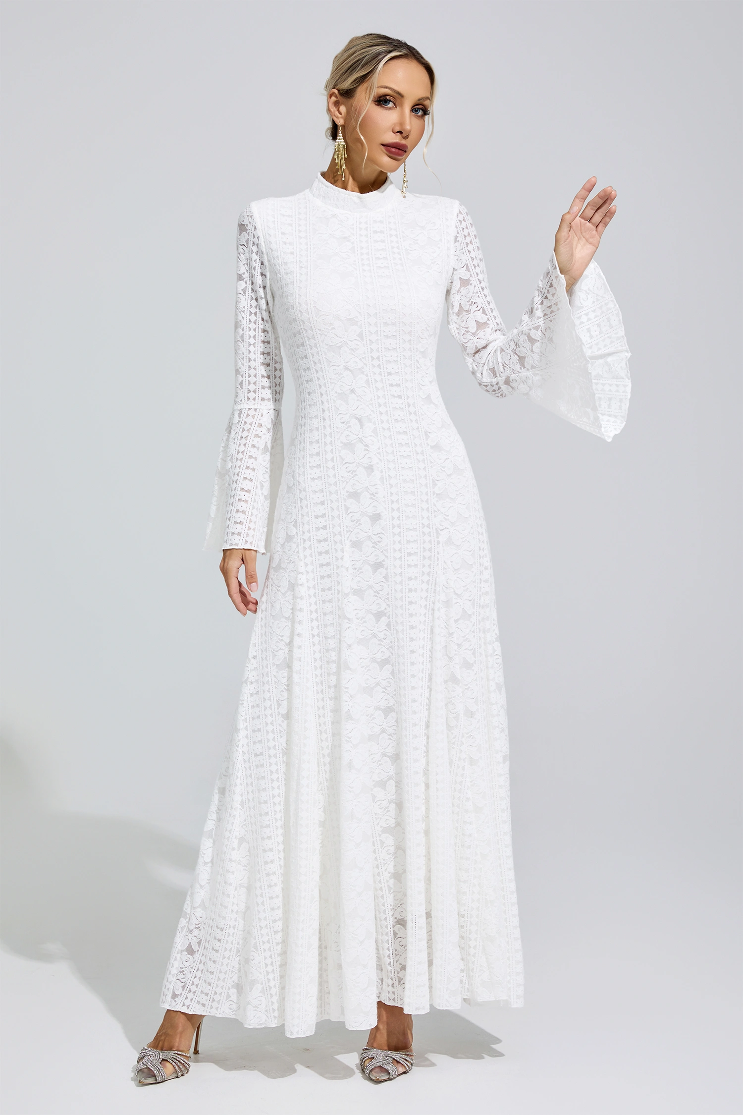 Montalcini White Flared Sleeve Embroidered Dress