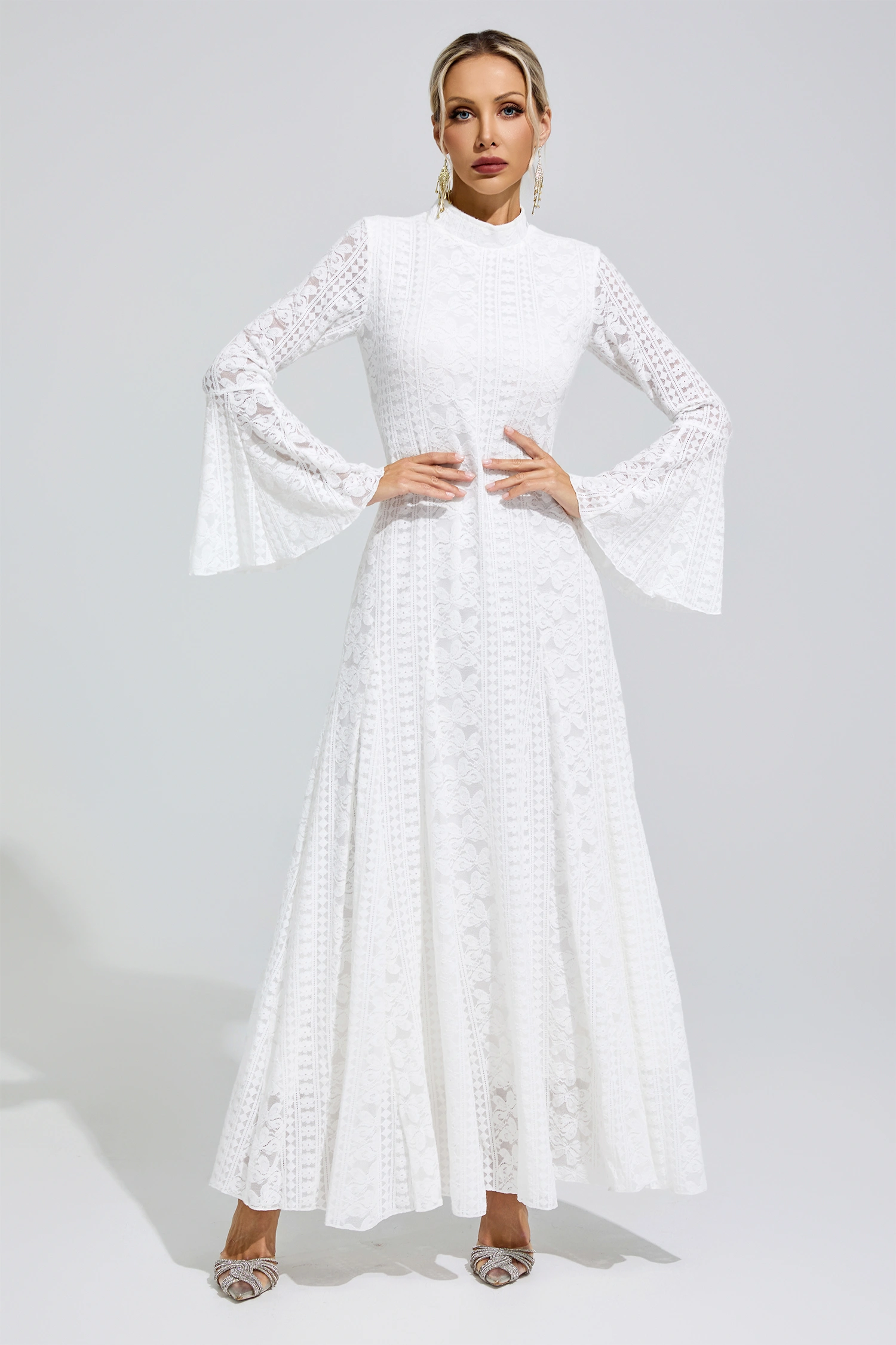 Montalcini White Flared Sleeve Embroidered Dress