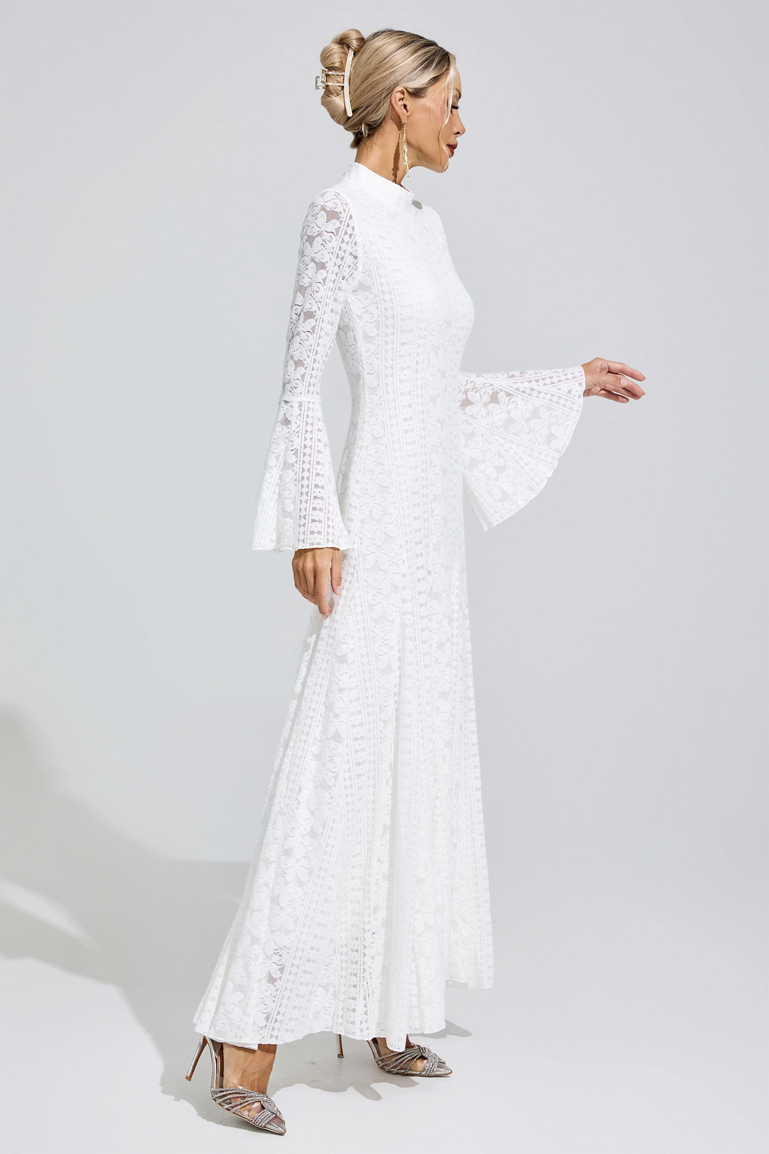 Montalcini White Flared Sleeve Embroidered Dress