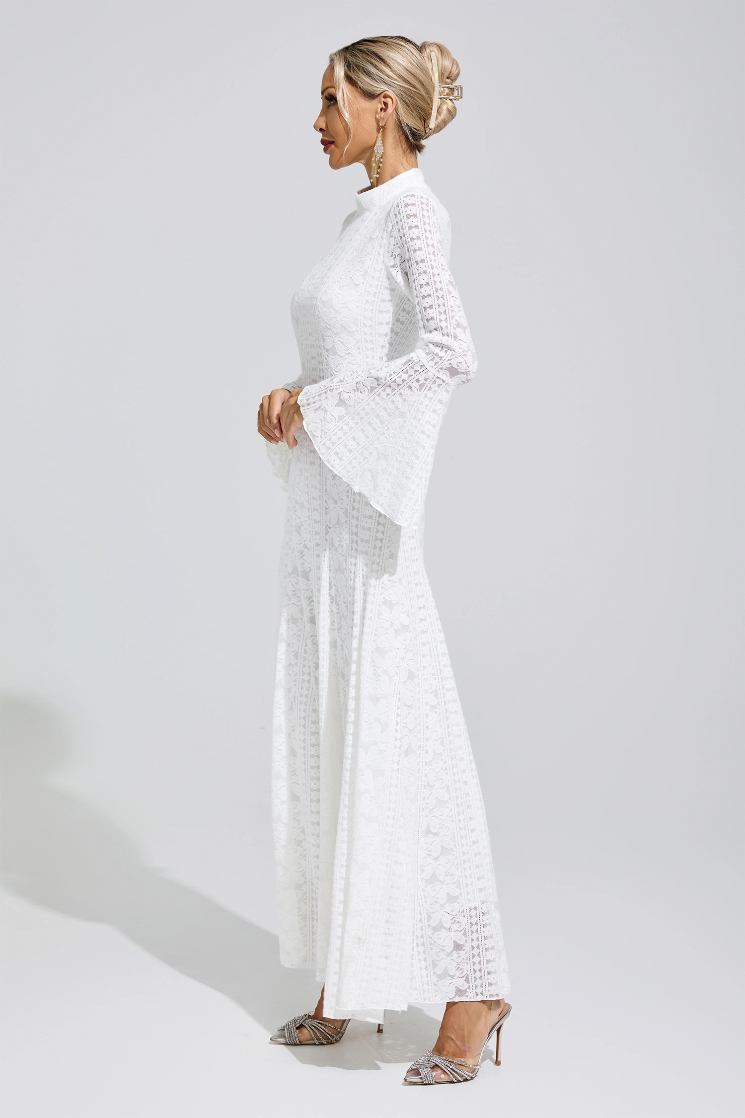 Montalcini White Flared Sleeve Embroidered Dress