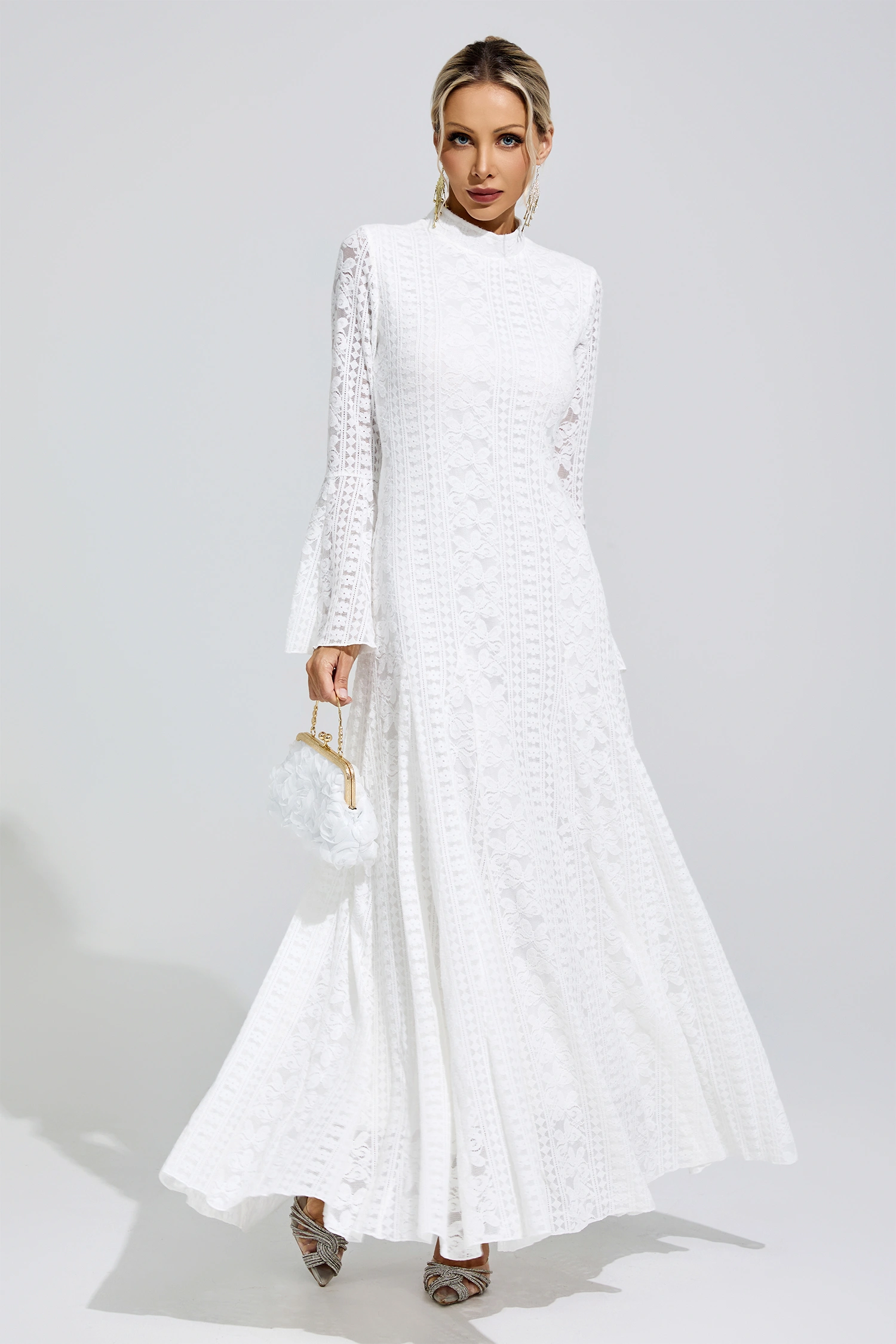 Montalcini White Flared Sleeve Embroidered Dress