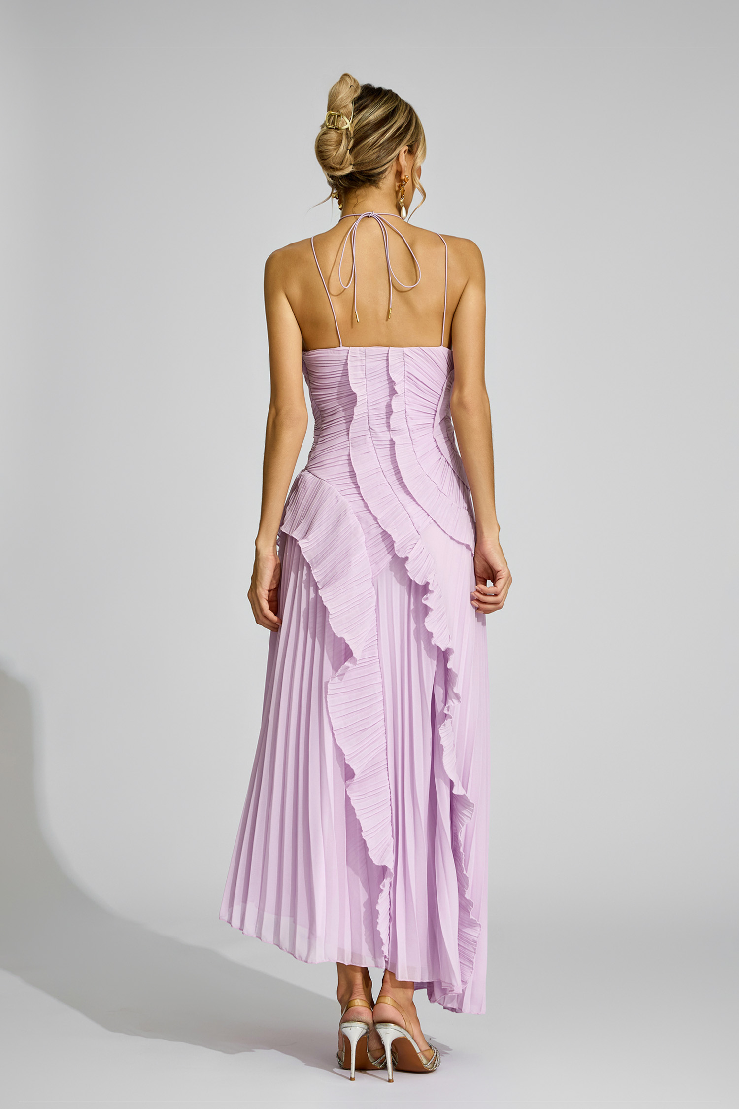 Moses Purple Asymmetric Pleated Halter Dress