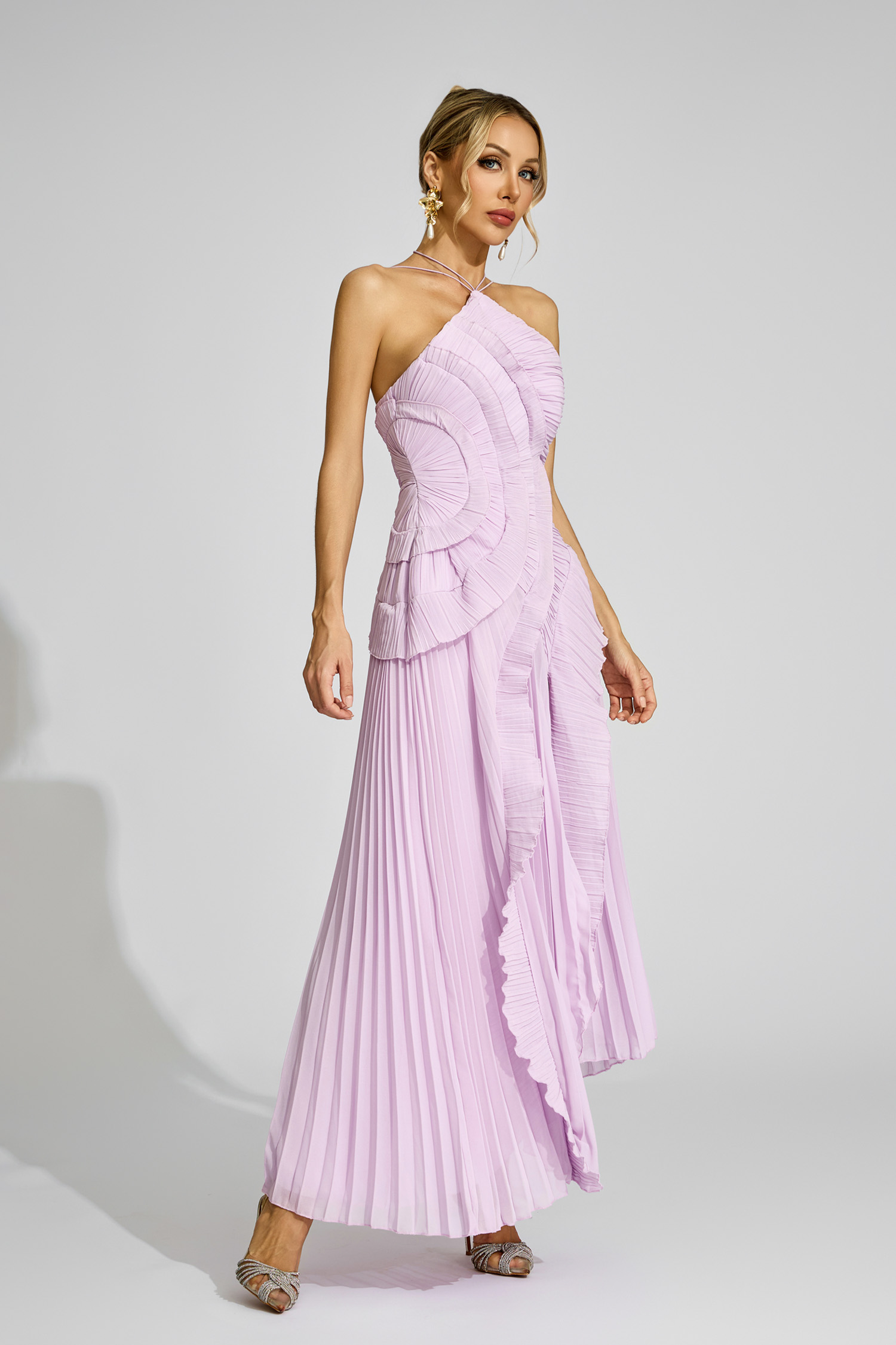 Moses Purple Asymmetric Pleated Halter Dress