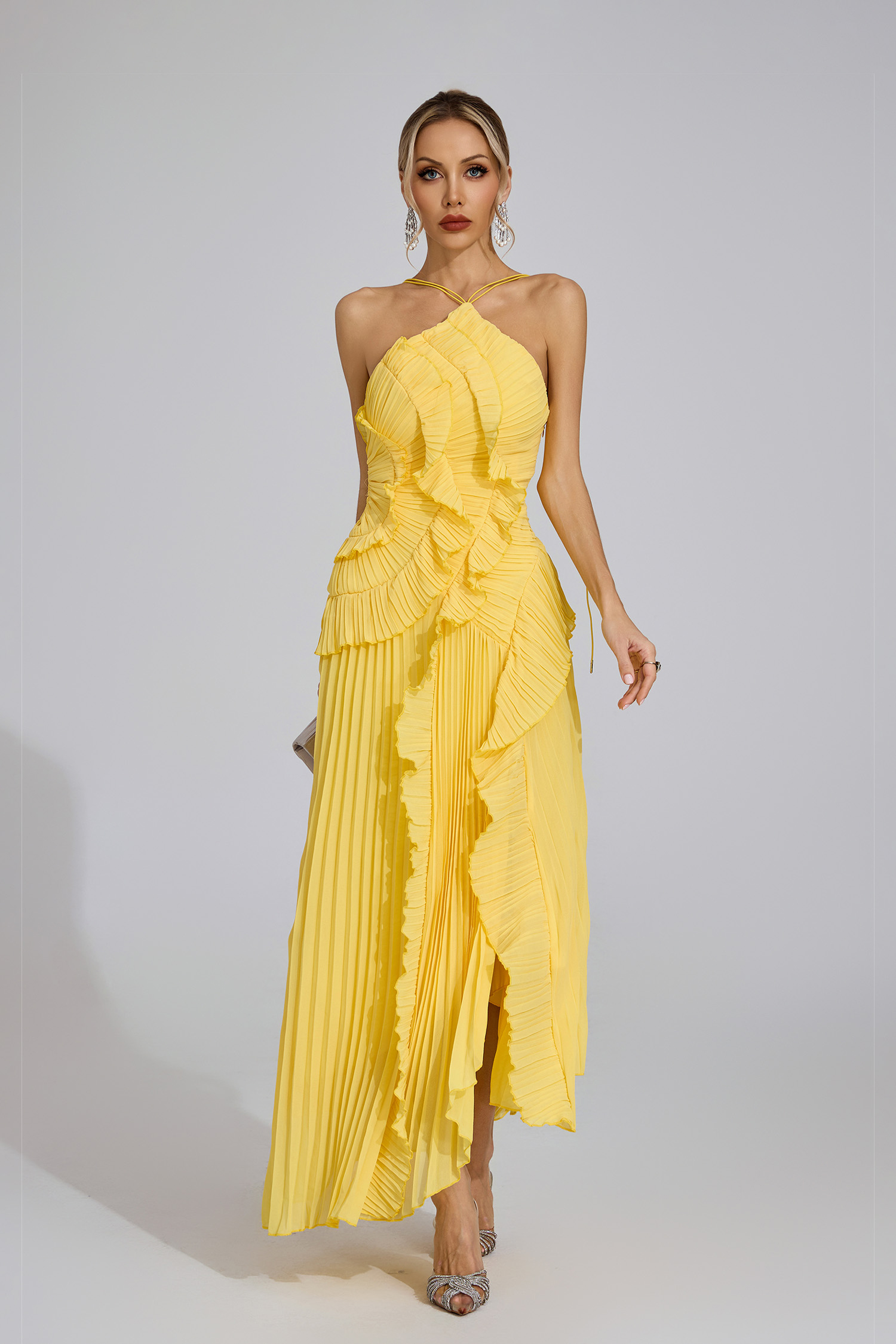 Moses Yellow Asymmetric Pleated Halter Dress