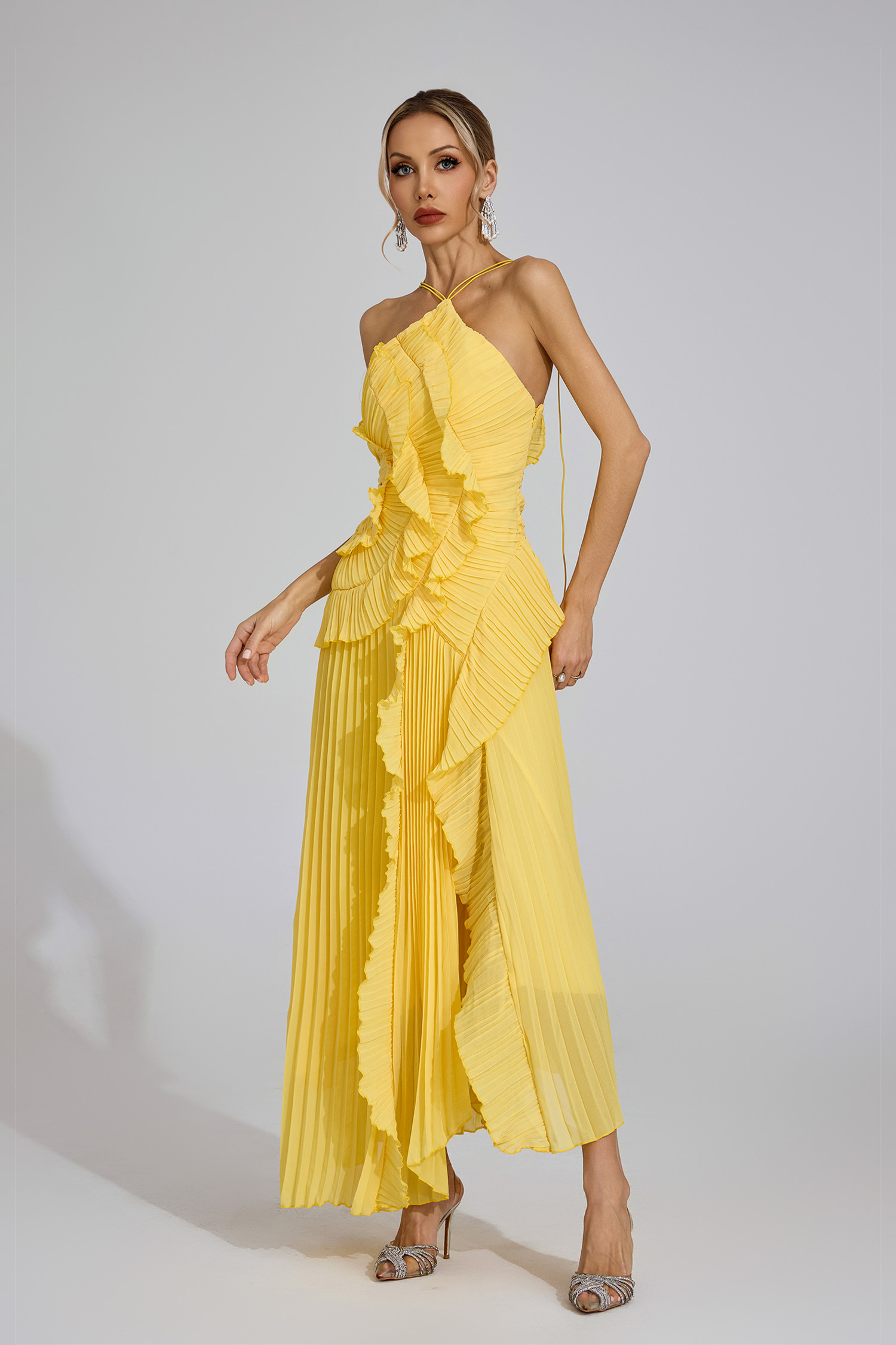 Moses Yellow Asymmetric Pleated Halter Dress