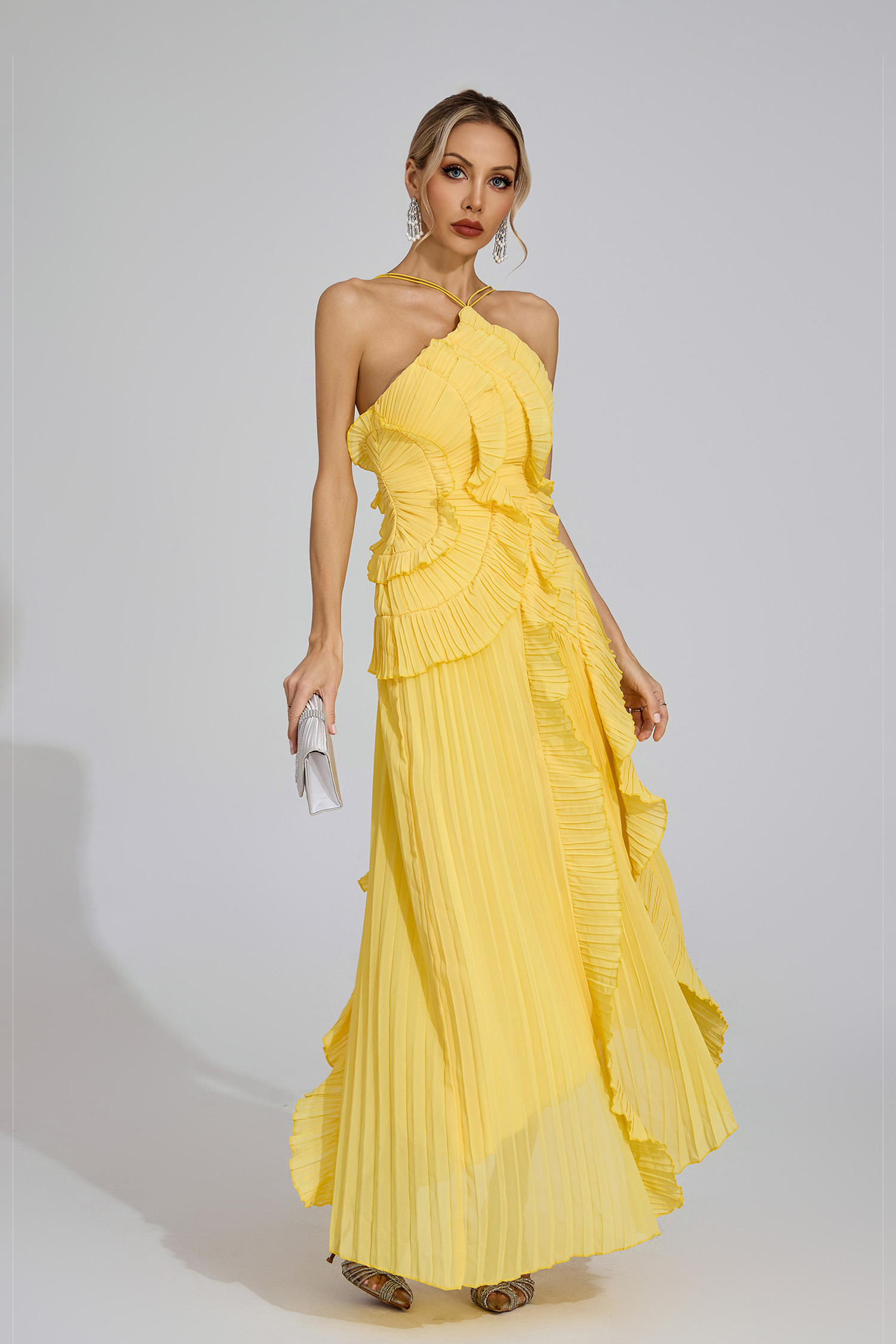 Moses Yellow Asymmetric Pleated Halter Dress