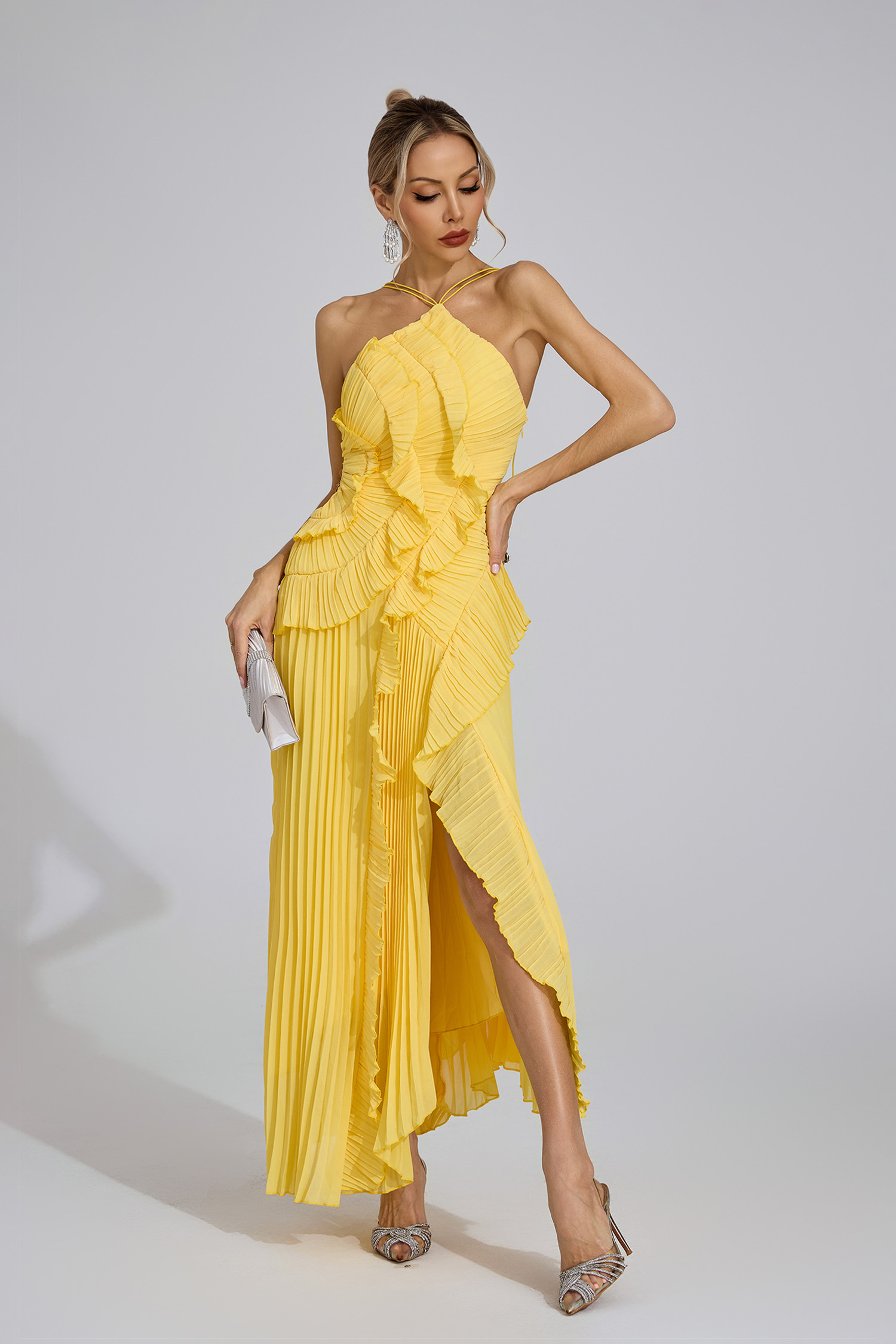 Moses Yellow Asymmetric Pleated Halter Dress