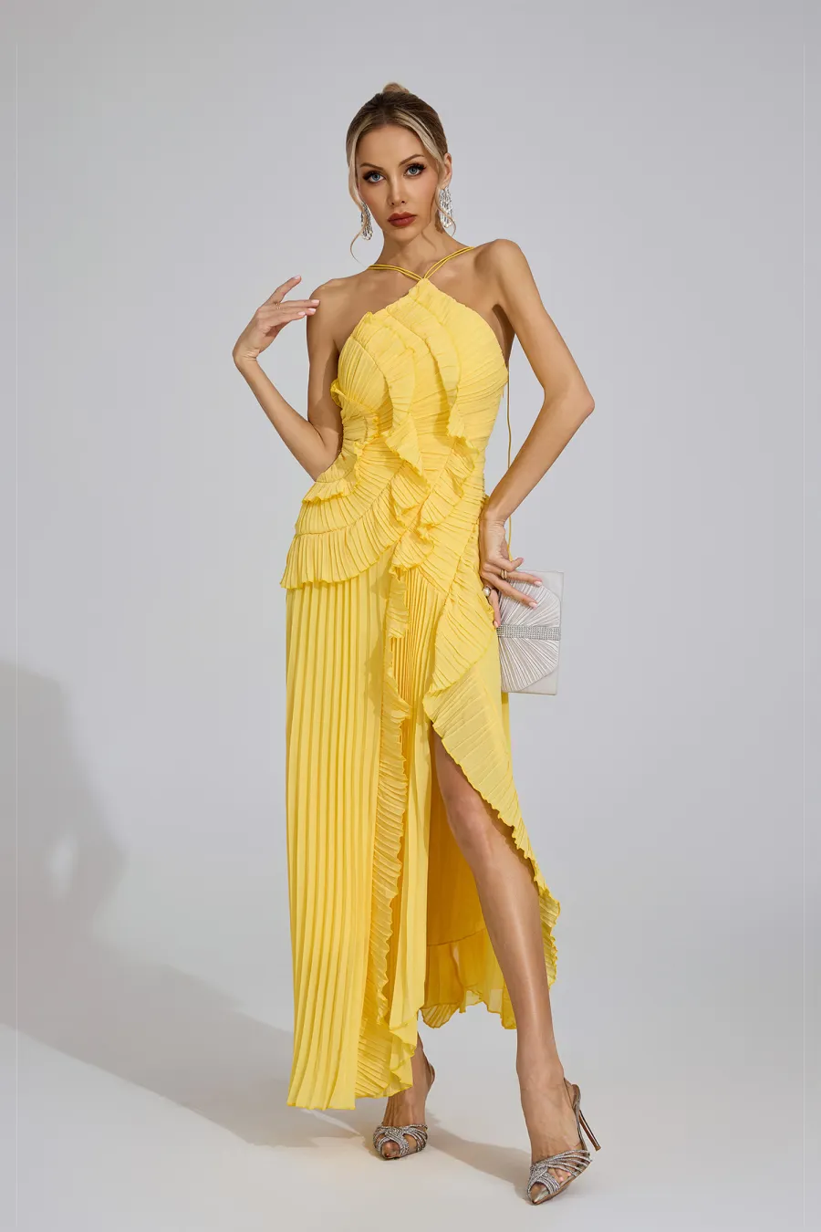 Yellow Asymmetric Pleated Halter Dress