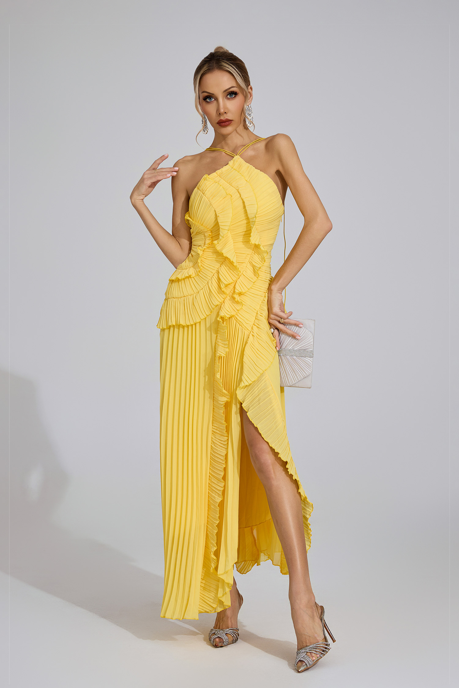 Moses Yellow Asymmetric Pleated Halter Dress