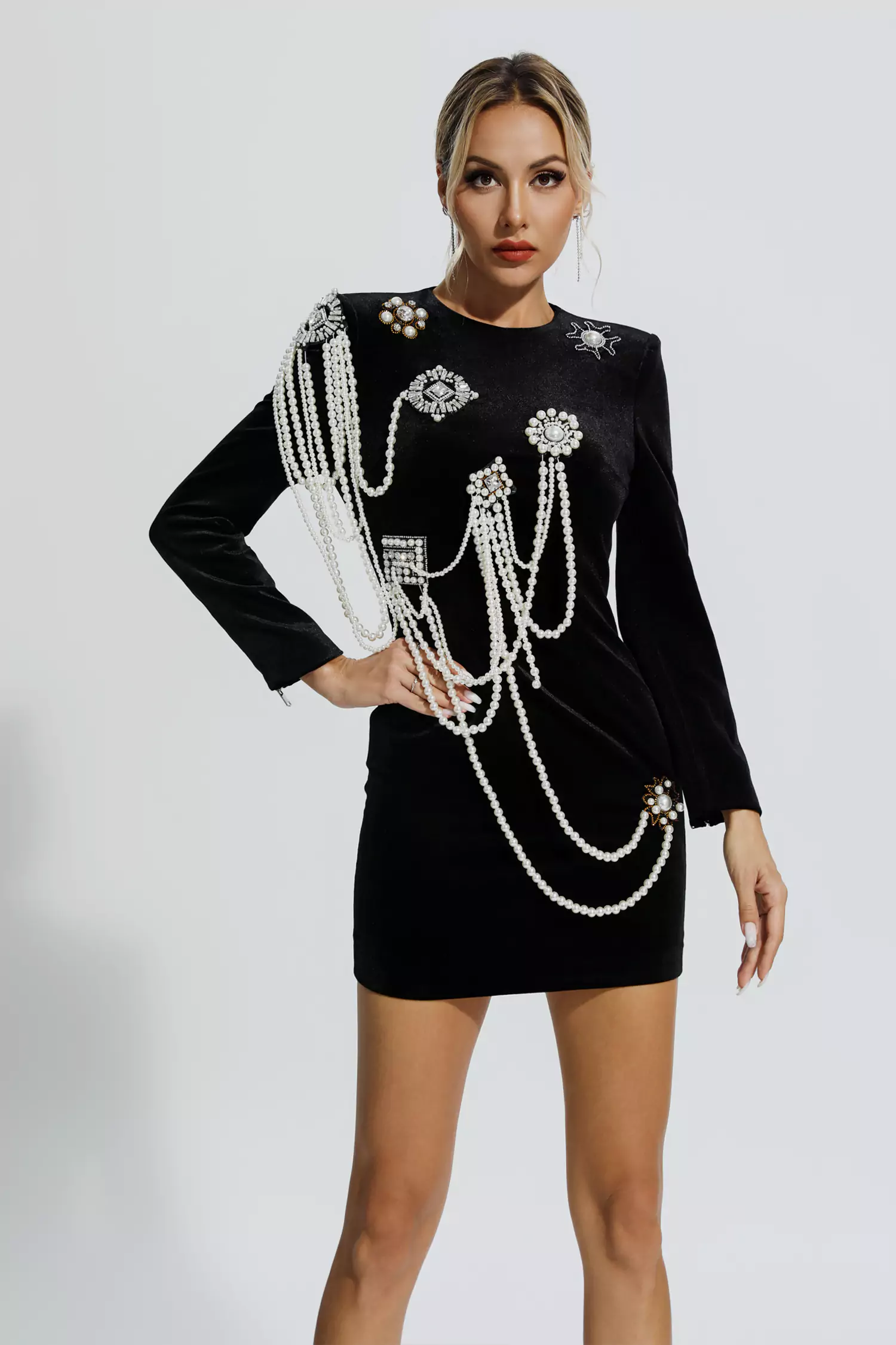 Mylah Black Pearl Embellished Velvet Dress-CATCHALL