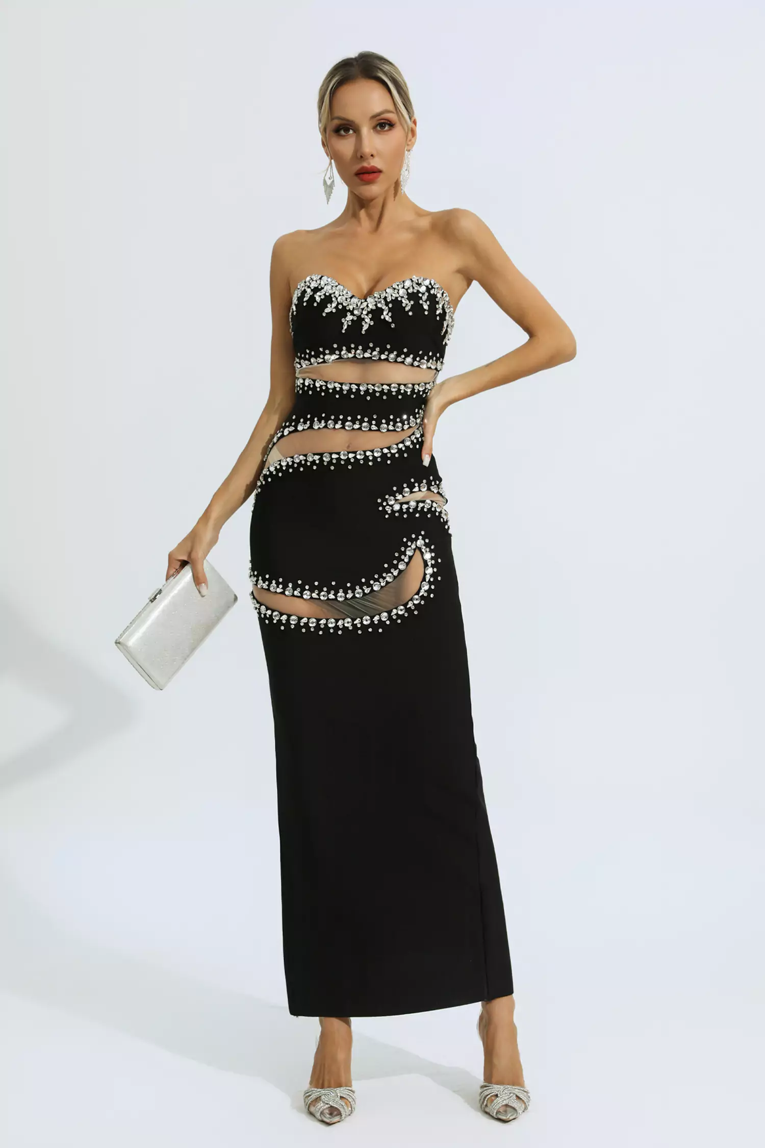 Nala Black Beading Mesh Bandage Dress-CATCHALL