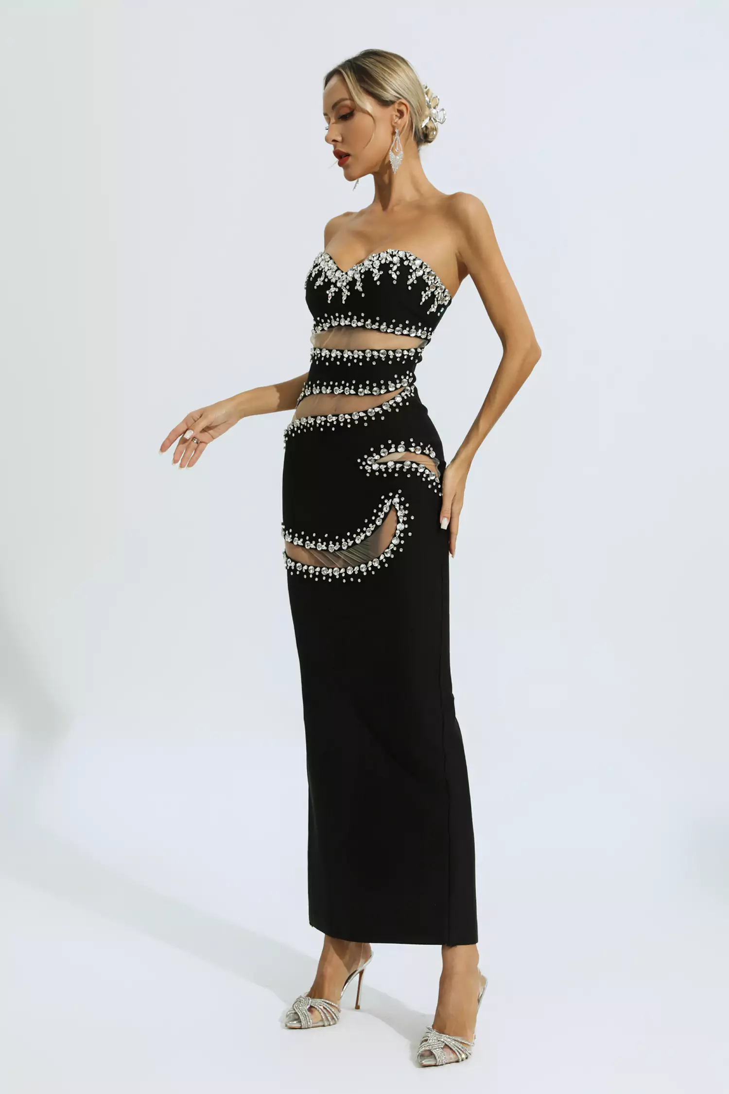 Nala Black Beading Mesh Bandage Dress-CATCHALL