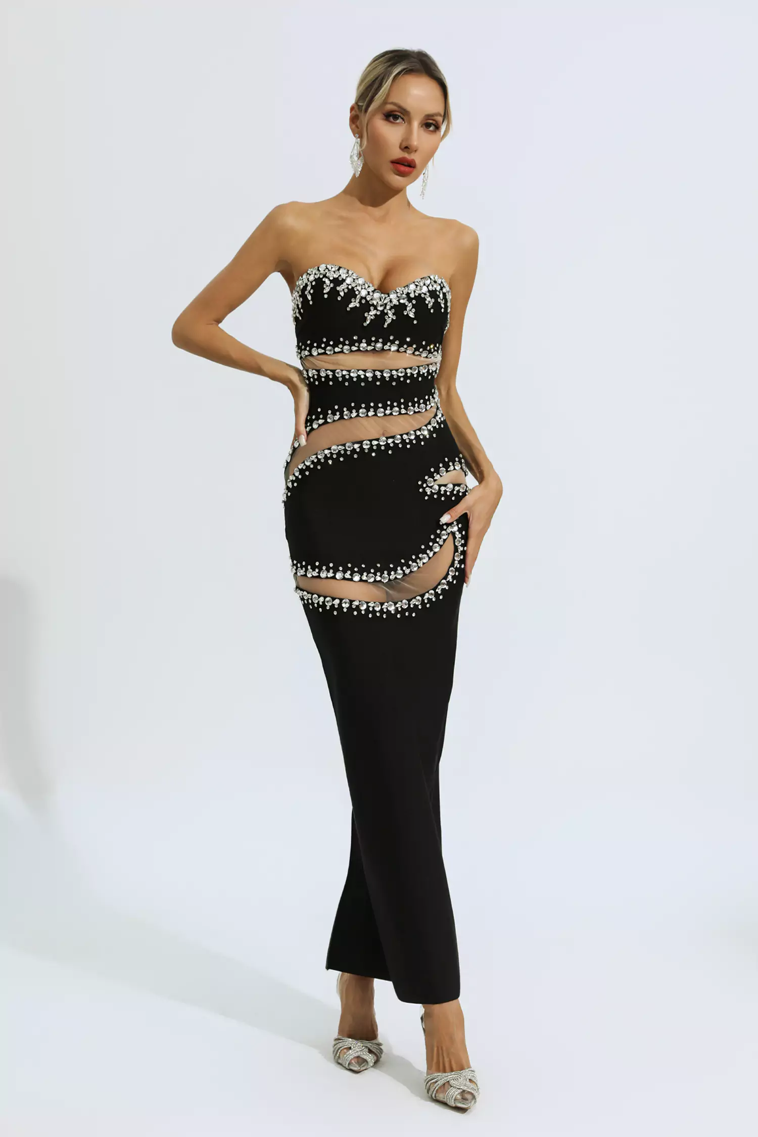 Nala Black Beading Mesh Bandage Dress-CATCHALL