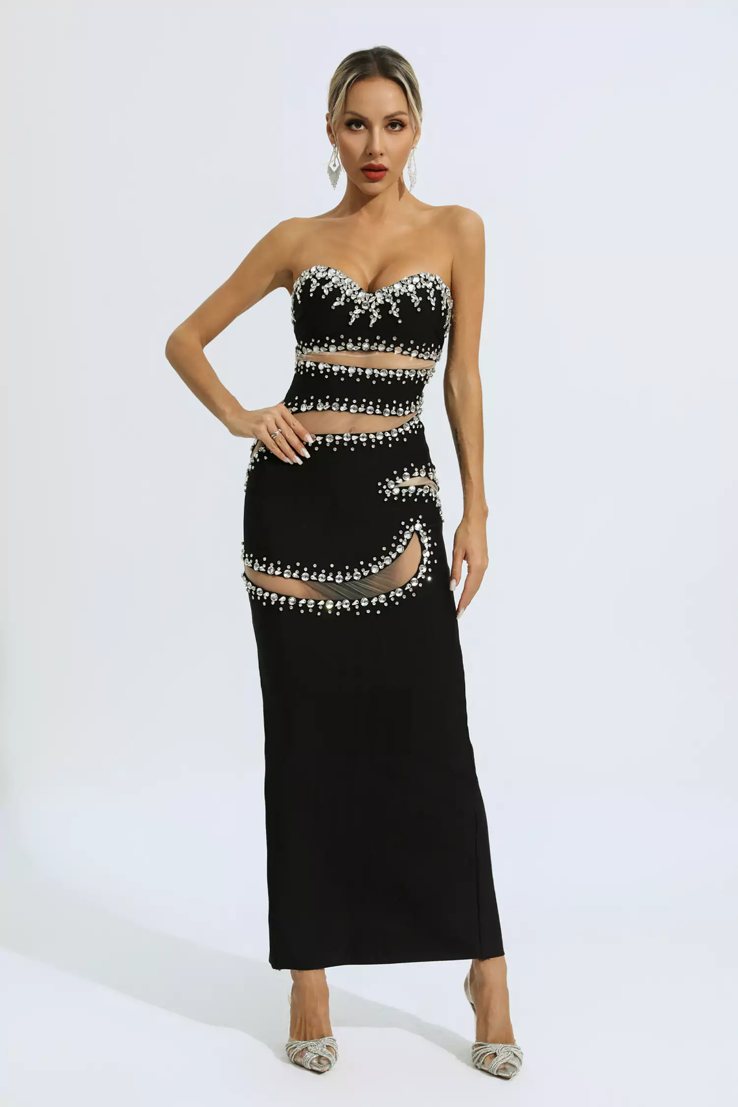 Nala Black Beading Mesh Bandage Dress-CATCHALL