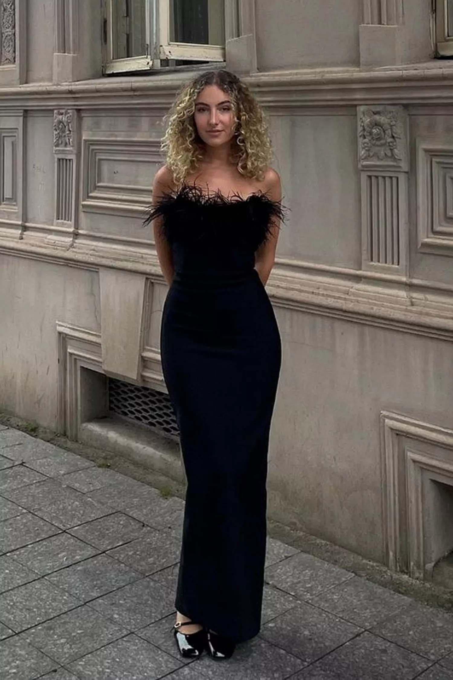 Naomi Maxi Tassel Feather Dress-Black