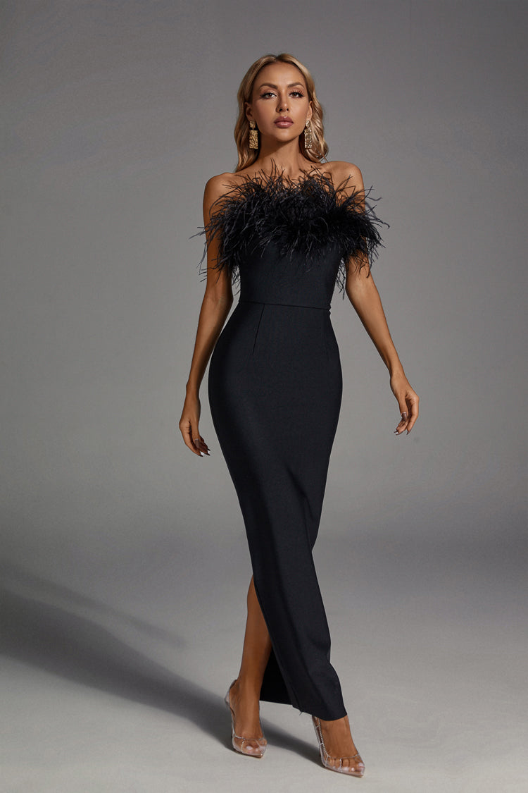 Naomi Black Feather Tassel Maxi Dress -catchall