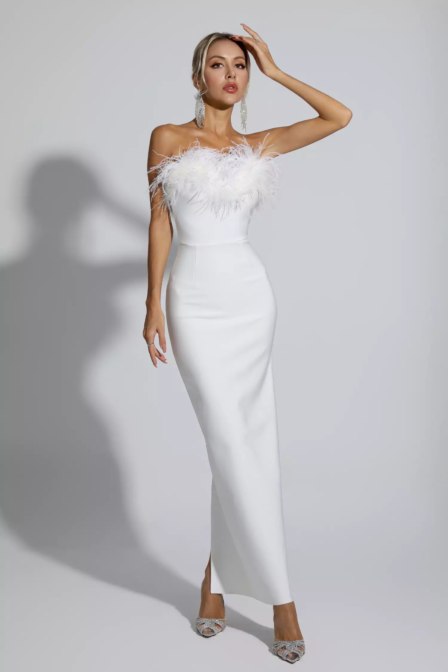 Naomi White Feather Tassel Maxi Dress-CATCHALL