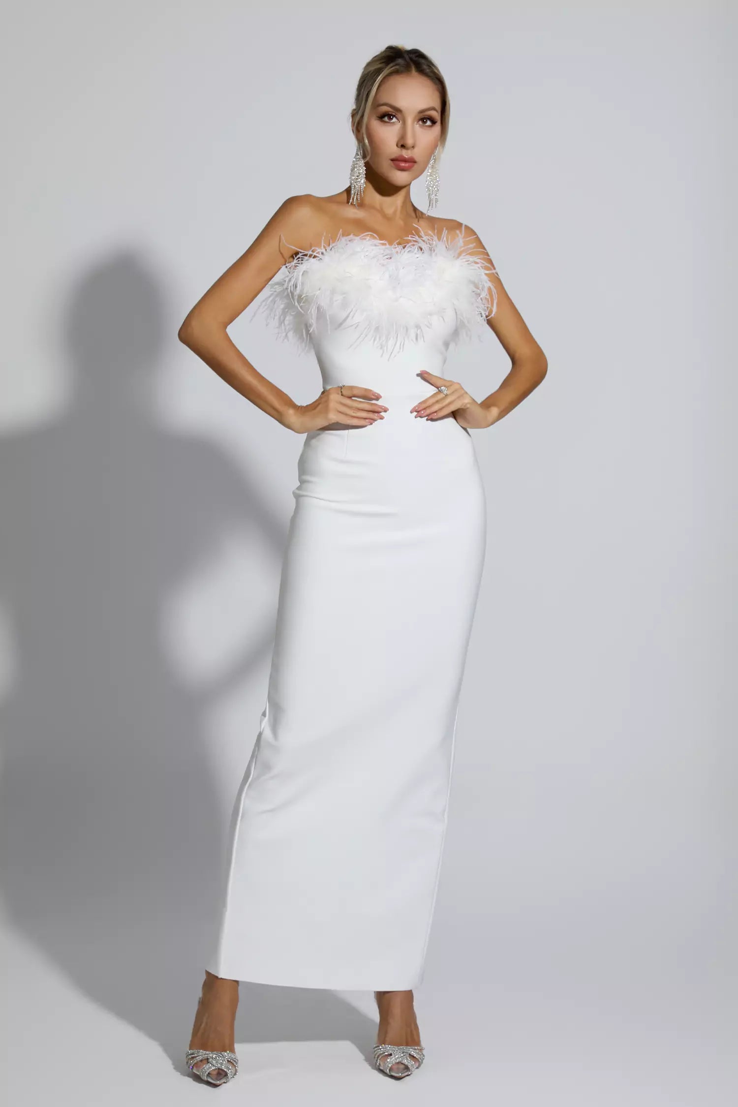Naomi White Feather Tassel Maxi Dress-CATCHALL