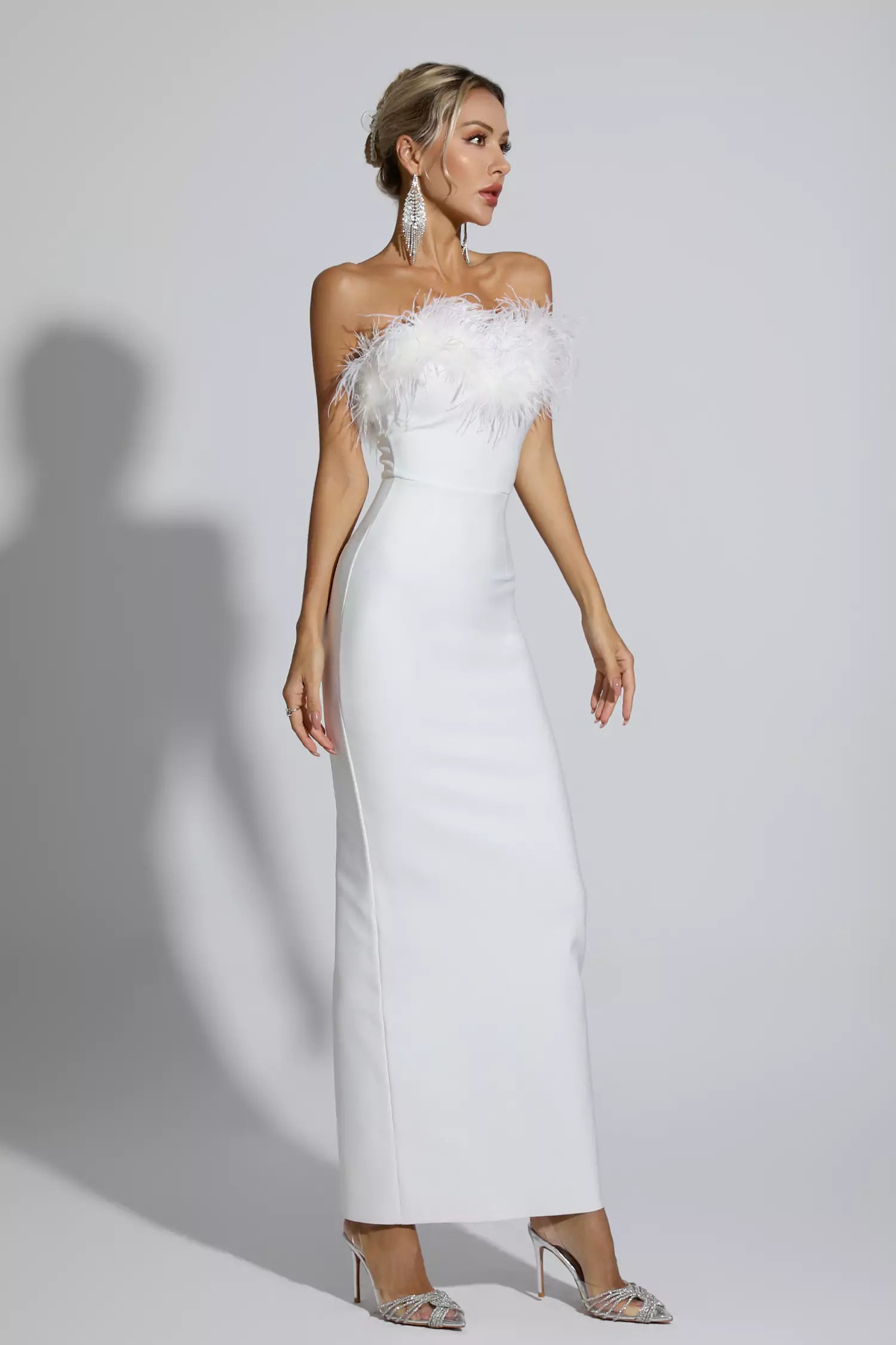 Naomi White Feather Tassel Maxi Dress-CATCHALL