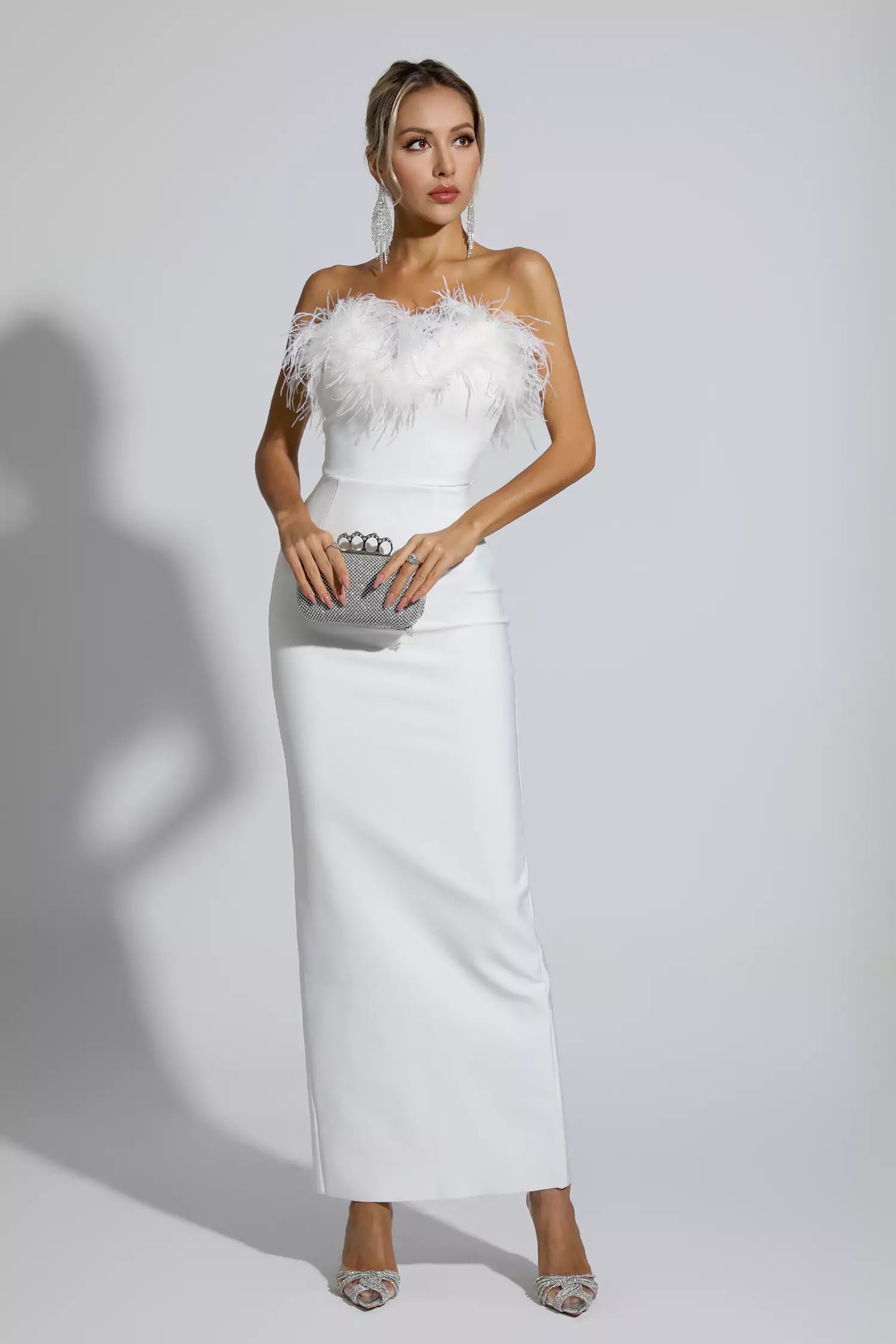 Naomi White Feather Tassel Maxi Dress-CATCHALL