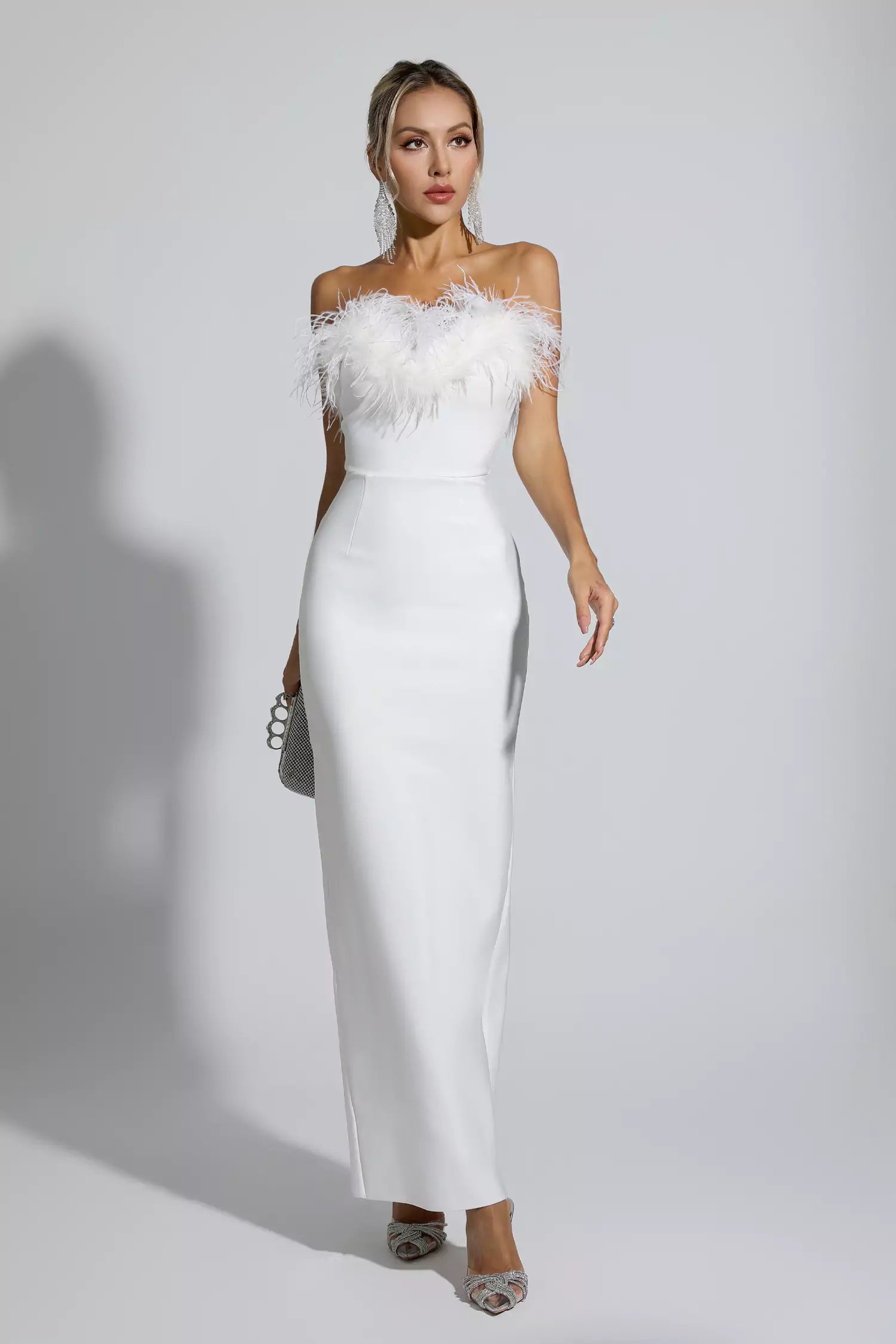 Naomi White Feather Tassel Maxi Dress-CATCHALL