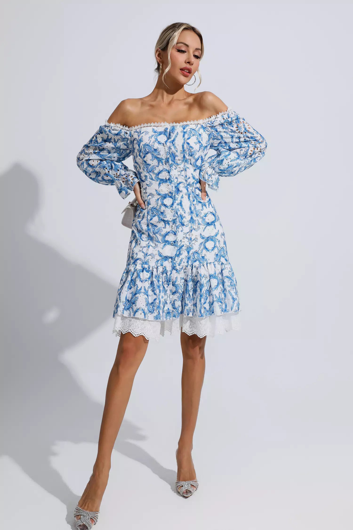 Navy Blue Floral Off Shoulder Dress-CATCHALL