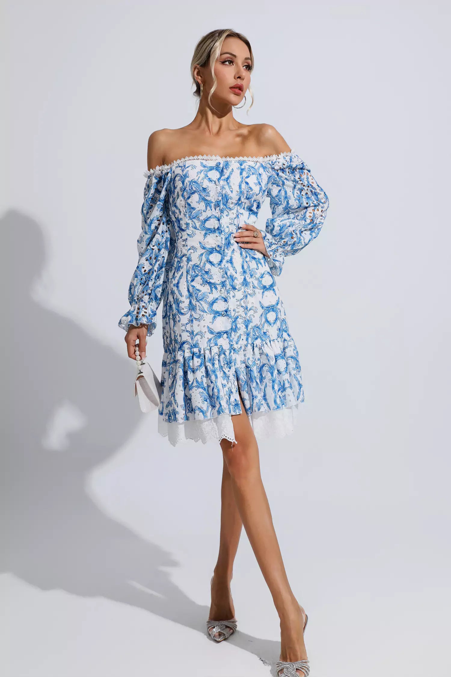 Navy Blue Floral Off Shoulder Dress-CATCHALL