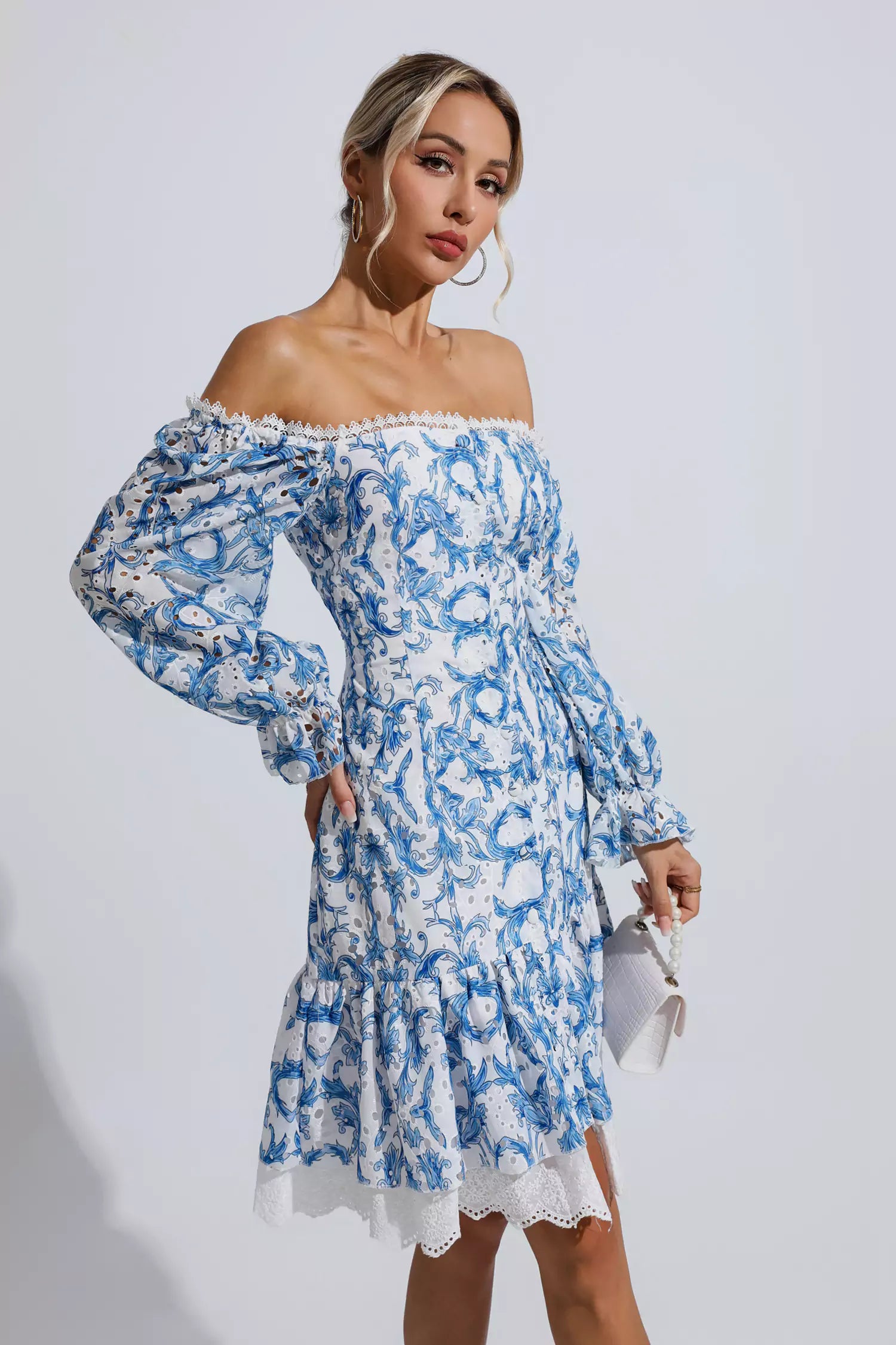 Navy Blue Floral Off Shoulder Dress-CATCHALL