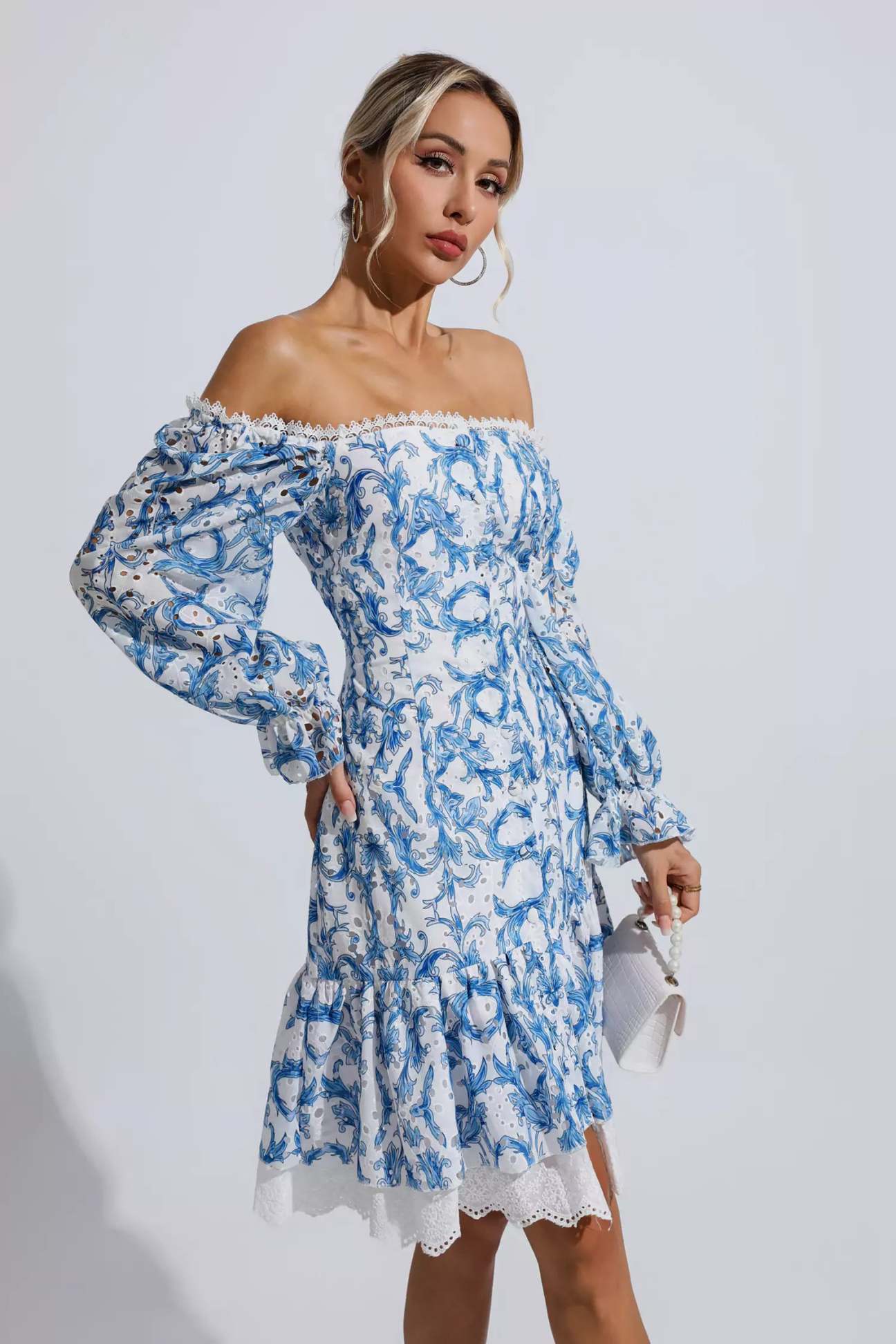 Off-Shoulder Halter Chiffon Dress with Blouson Bodice Ocean Blue