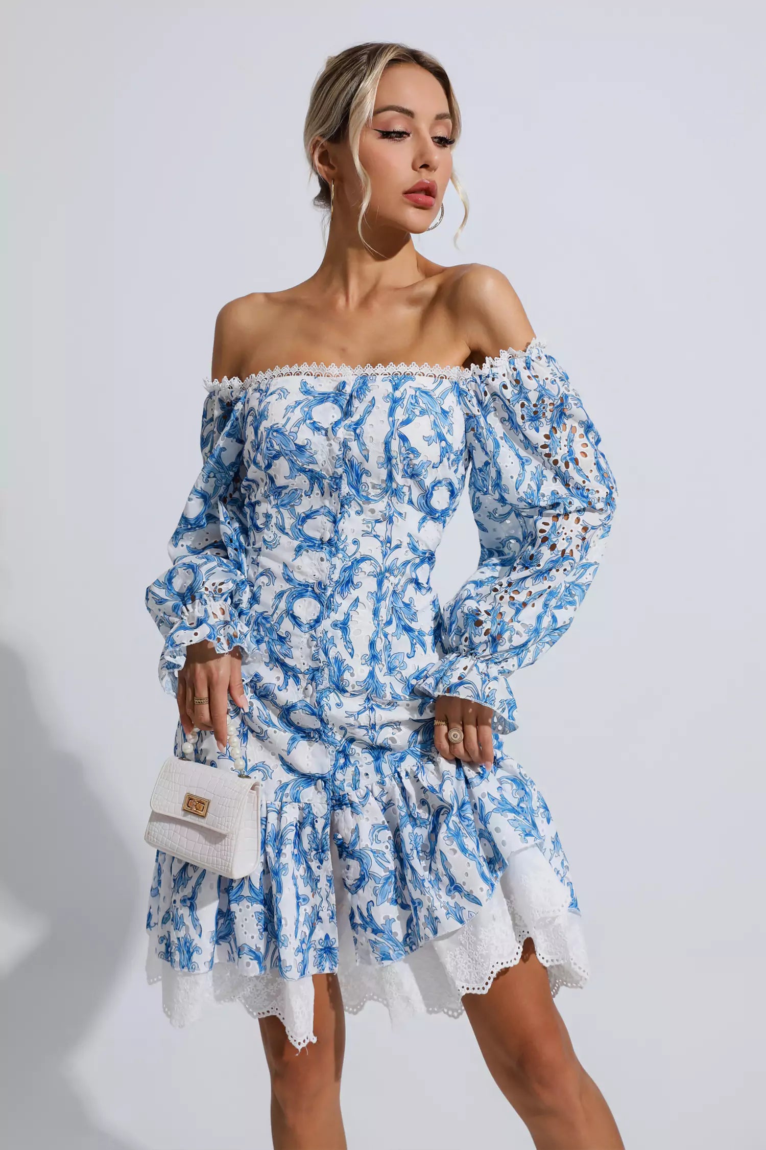 Navy Blue Floral Off Shoulder Dress-CATCHALL
