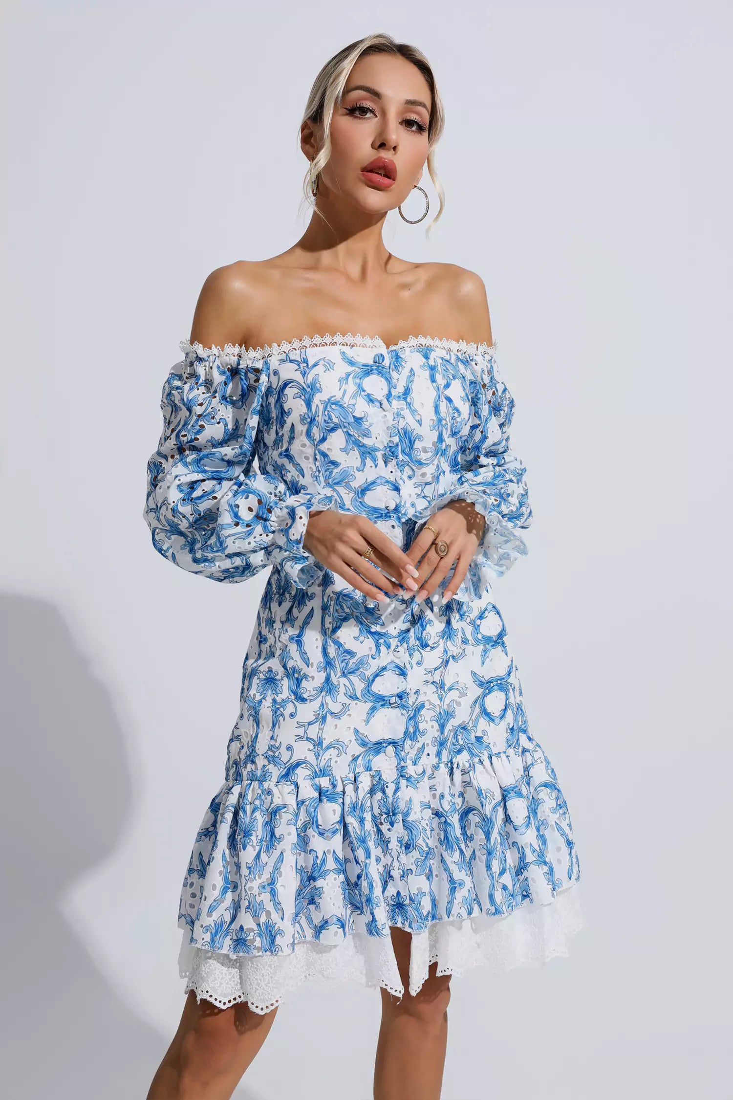 Navy Blue Floral Off Shoulder Dress-CATCHALL