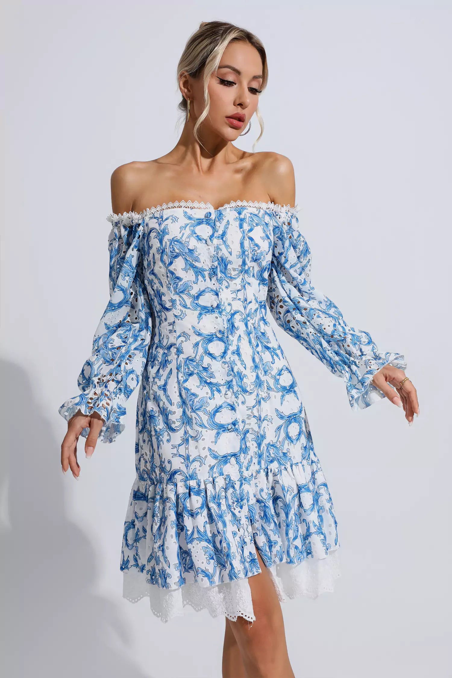 Navy blue floral off the shoulder dress best sale