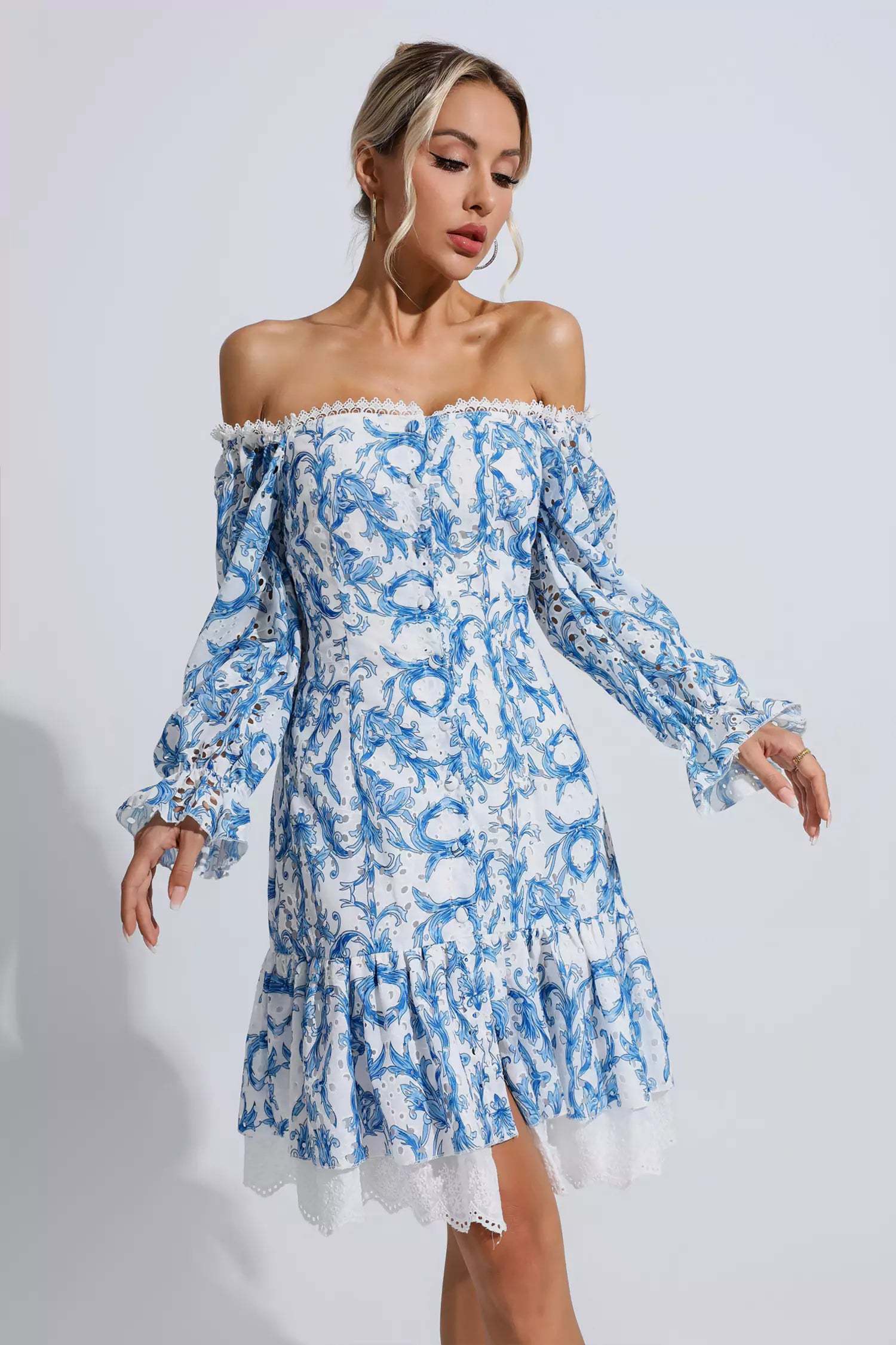 Navy Blue Floral Off Shoulder Dress