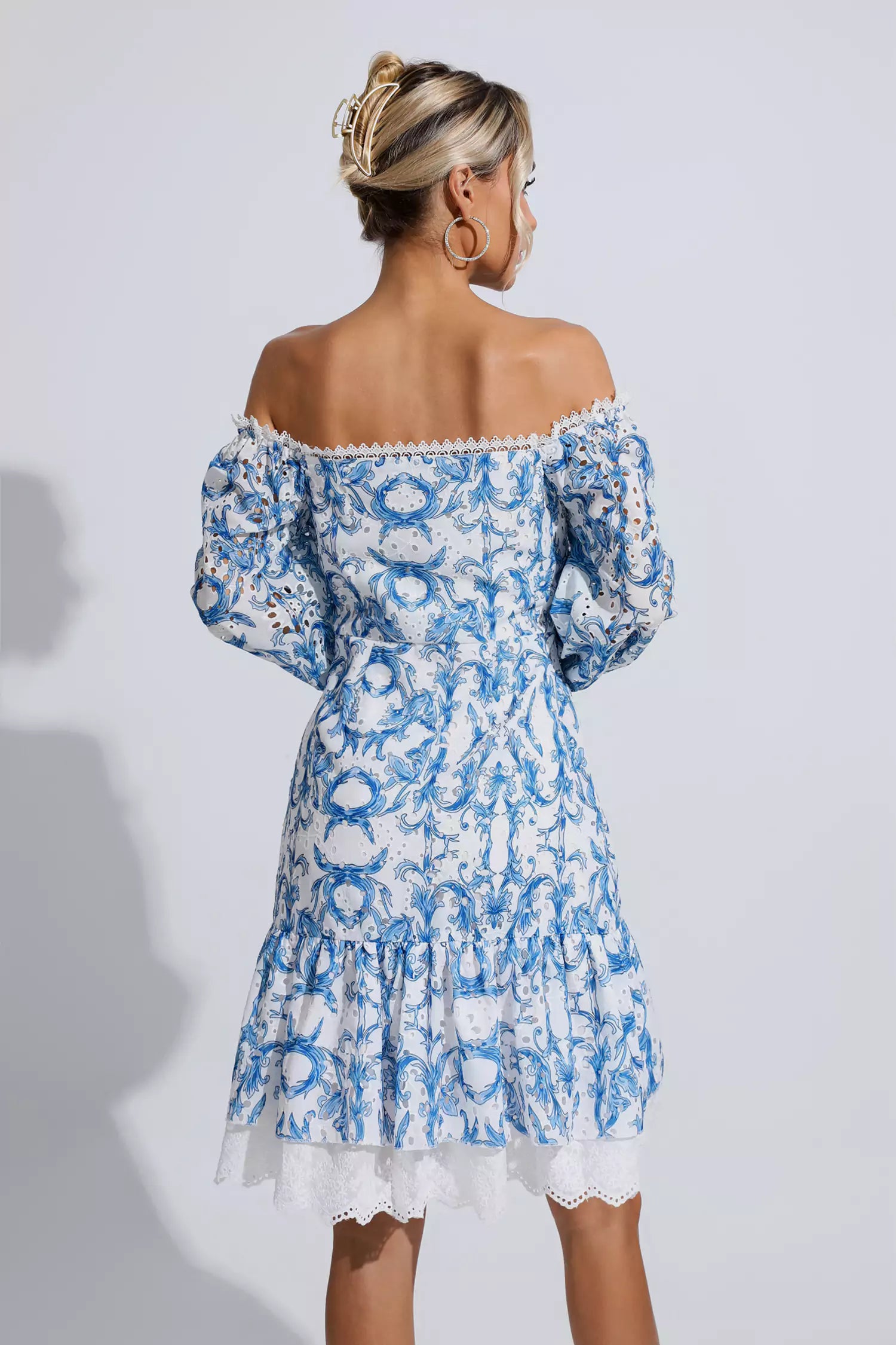 Navy Blue Floral Off Shoulder Dress-CATCHALL