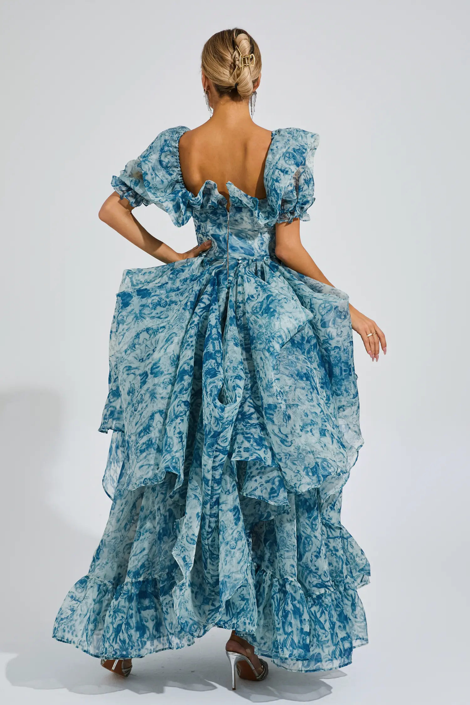 Neil Blue Slit Puff Sleeves Maxi Dress-CATCHALL