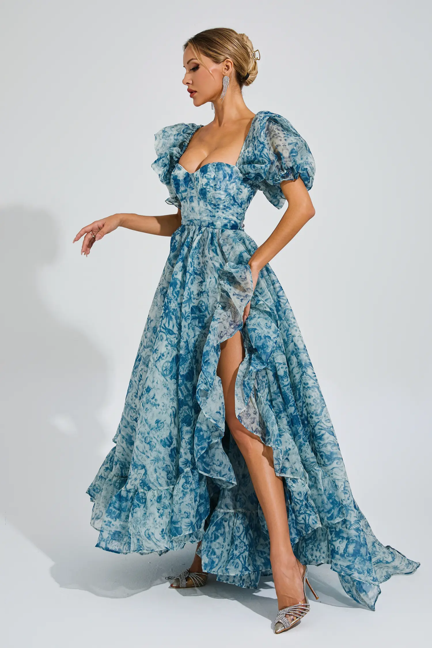 Neil Blue Slit Puff Sleeves Maxi Dress-CATCHALL