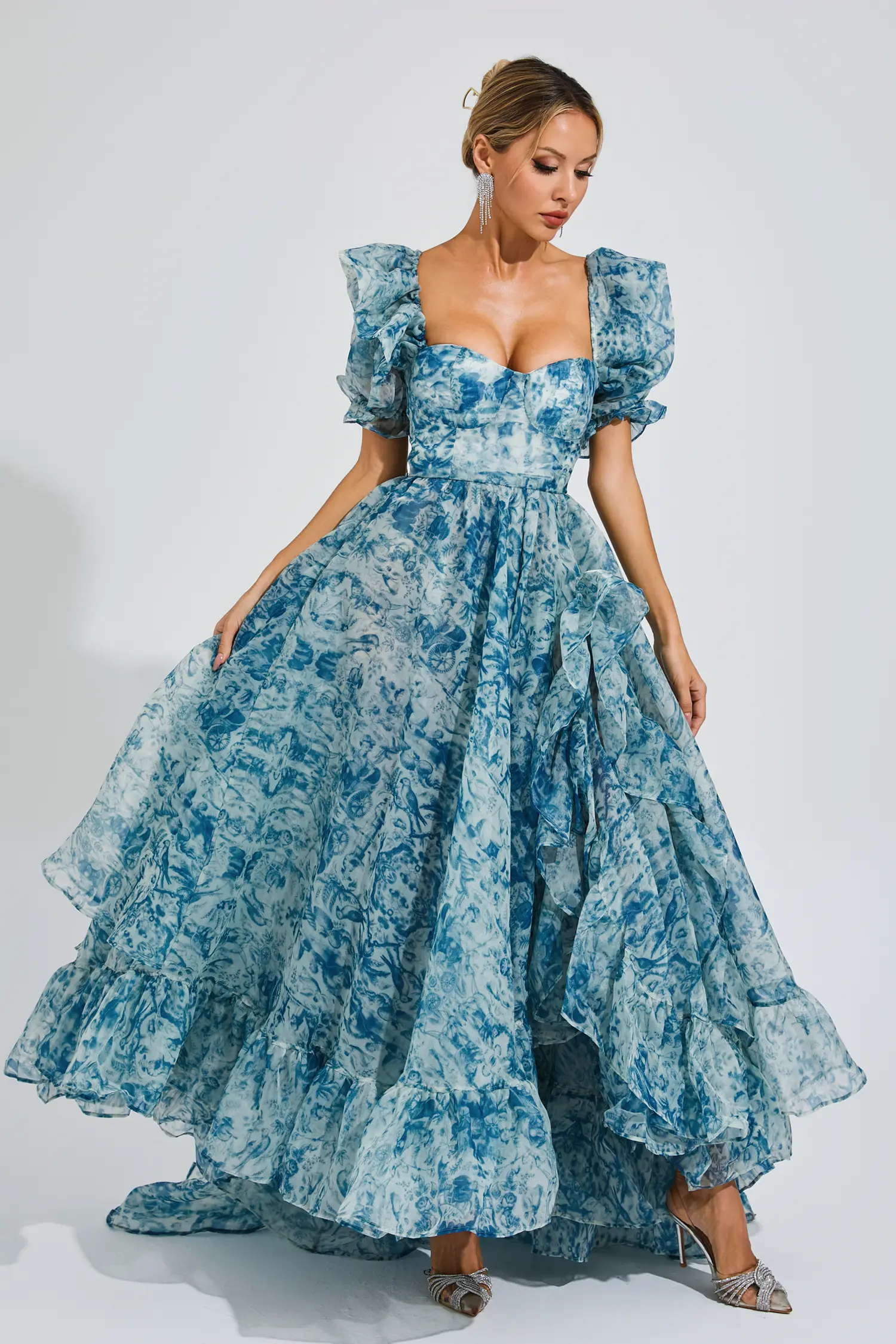 Neil Blue Slit Puff Sleeves Maxi Dress-CATCHALL