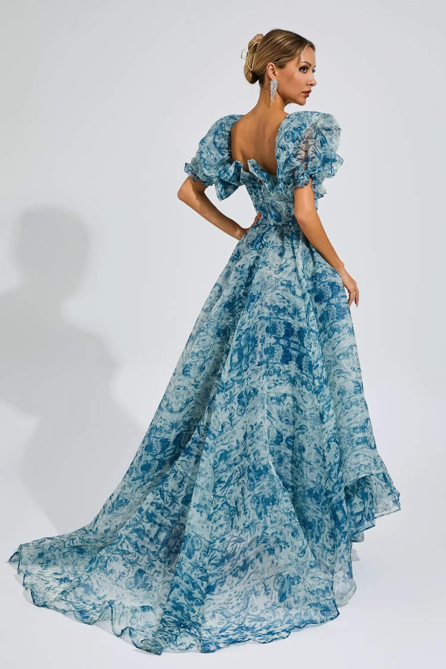 Neil Blue Slit Puff Sleeves Maxi Dress-CATCHALL