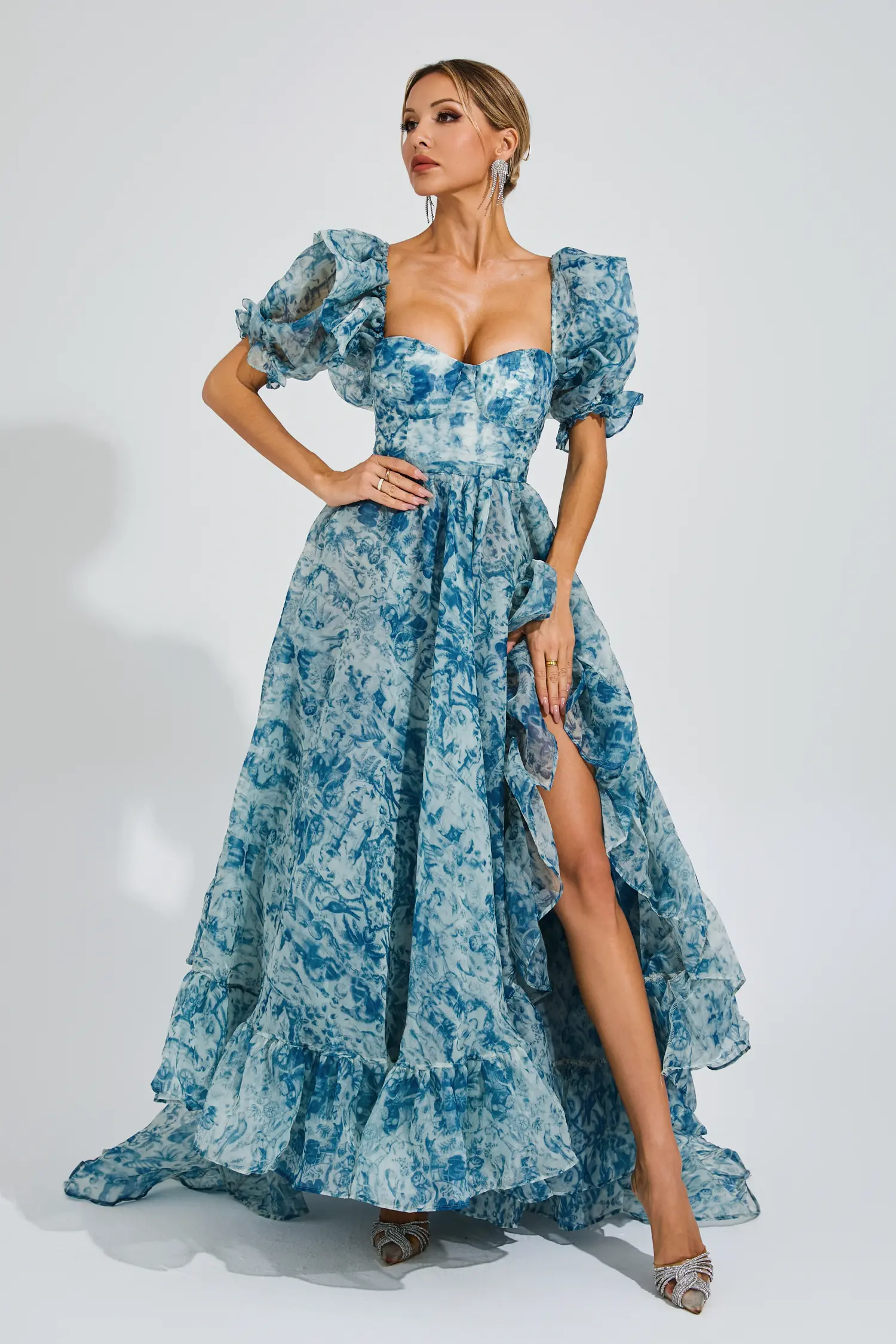 Neil Blue Slit Puff Sleeves Maxi Dress-CATCHALL