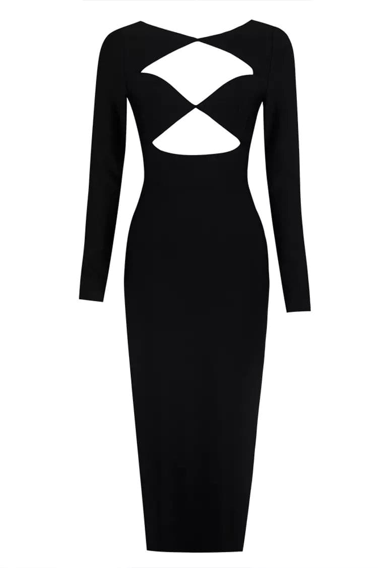 Nevaeh Black Cutout Bandage Midi Dress-CATCHALL