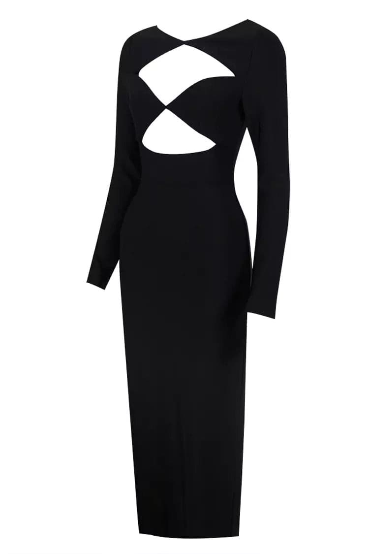 Nevaeh Black Cutout Bandage Midi Dress-CATCHALL