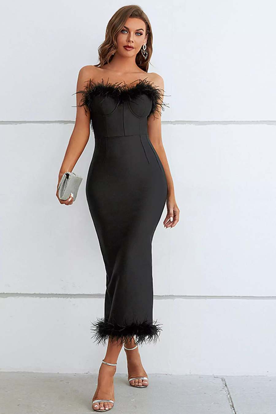 feather black tie dress