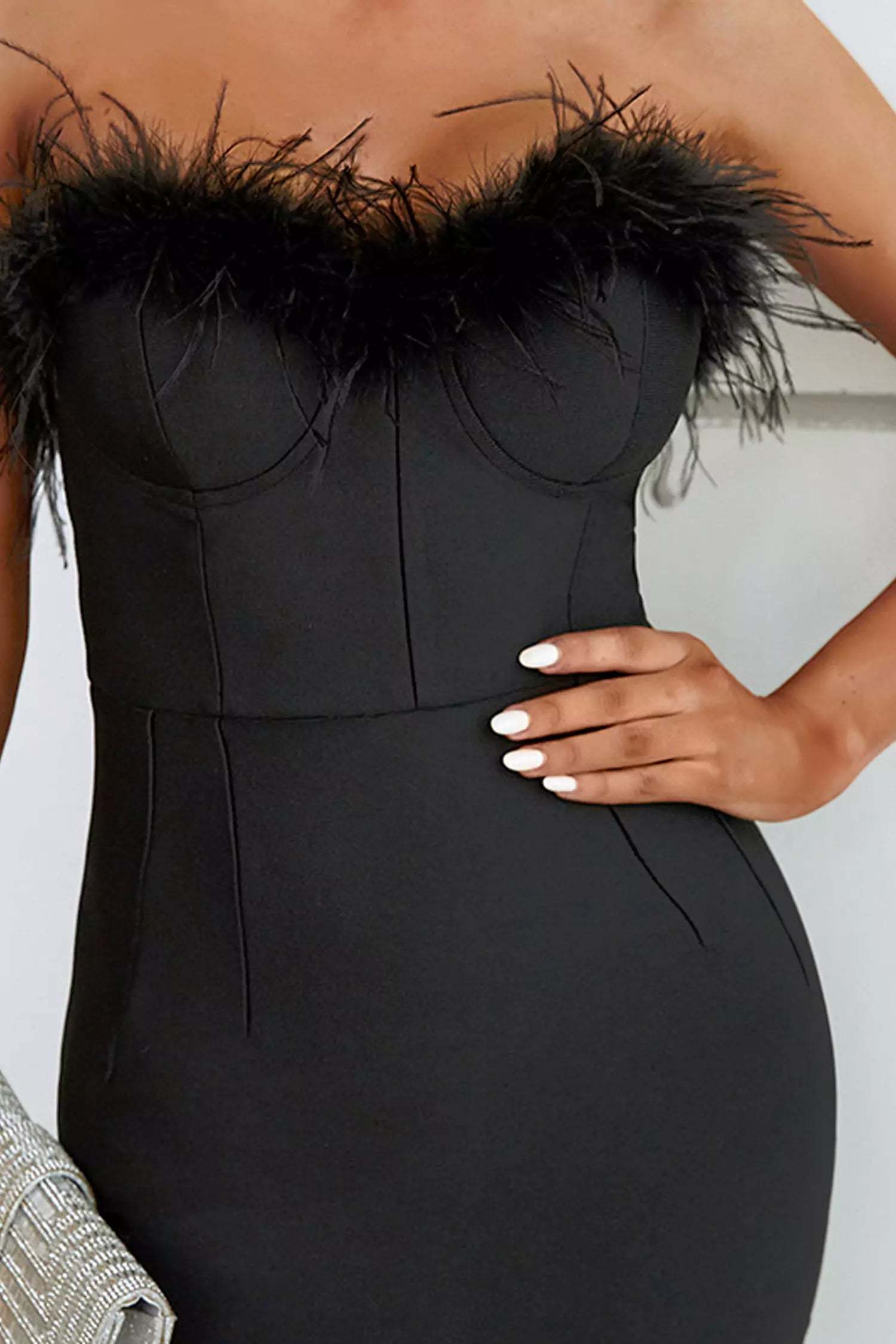 feather black tie dress