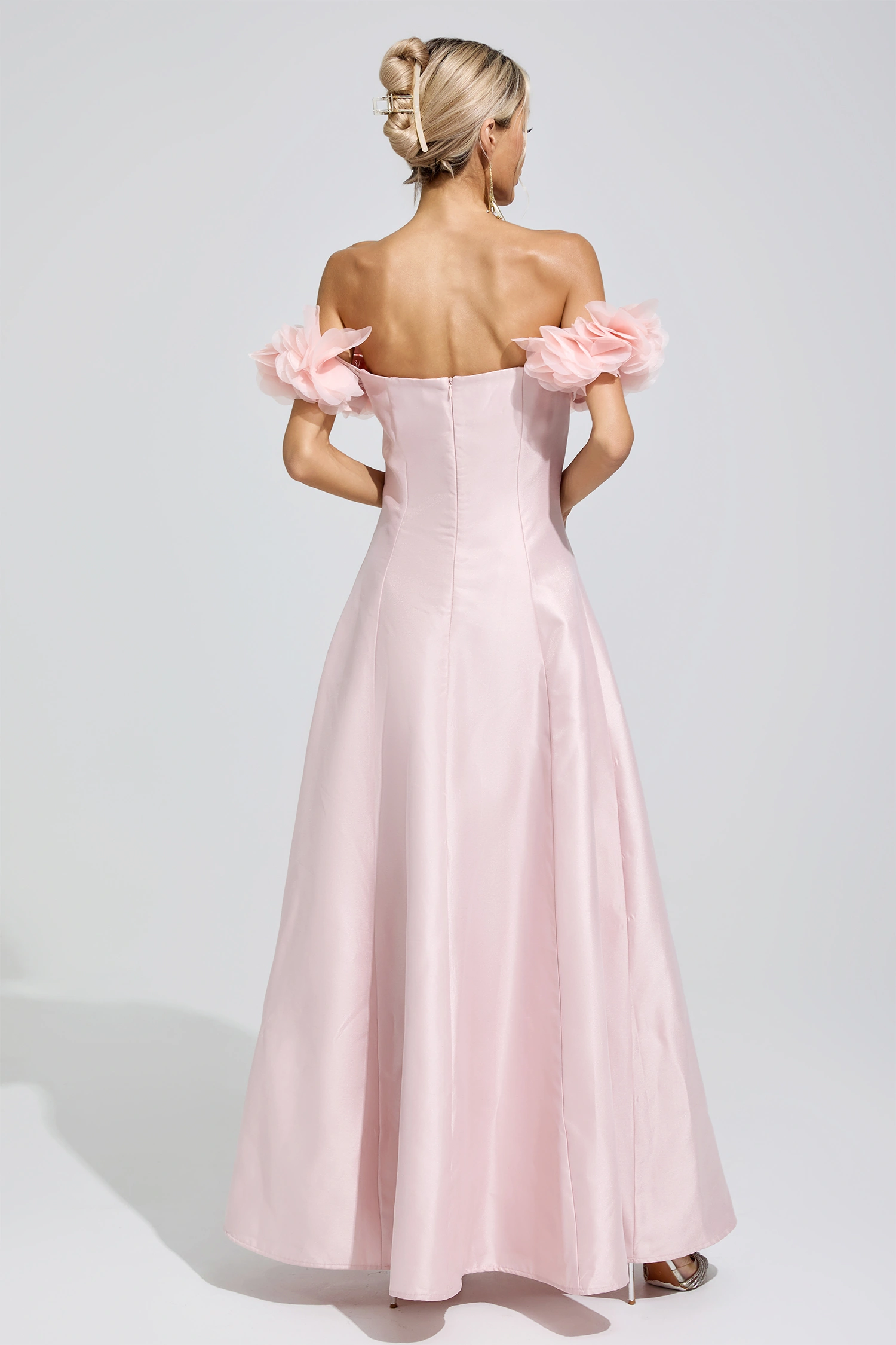 Nightingale Pink 3D Floral Strapless Satin Maxi Dress