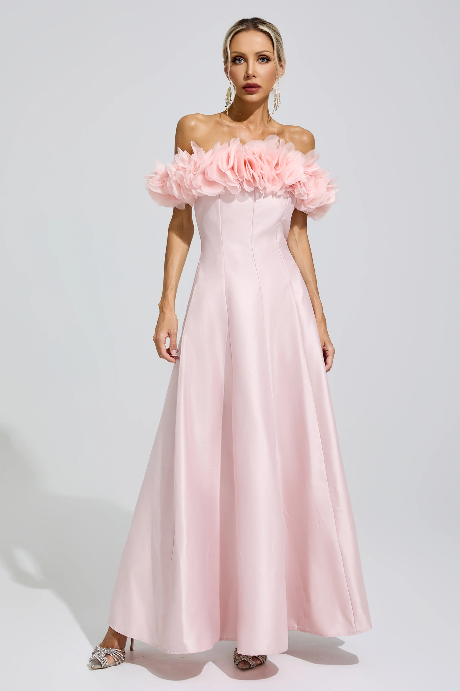 Nightingale Pink 3D Floral Strapless Satin Maxi Dress