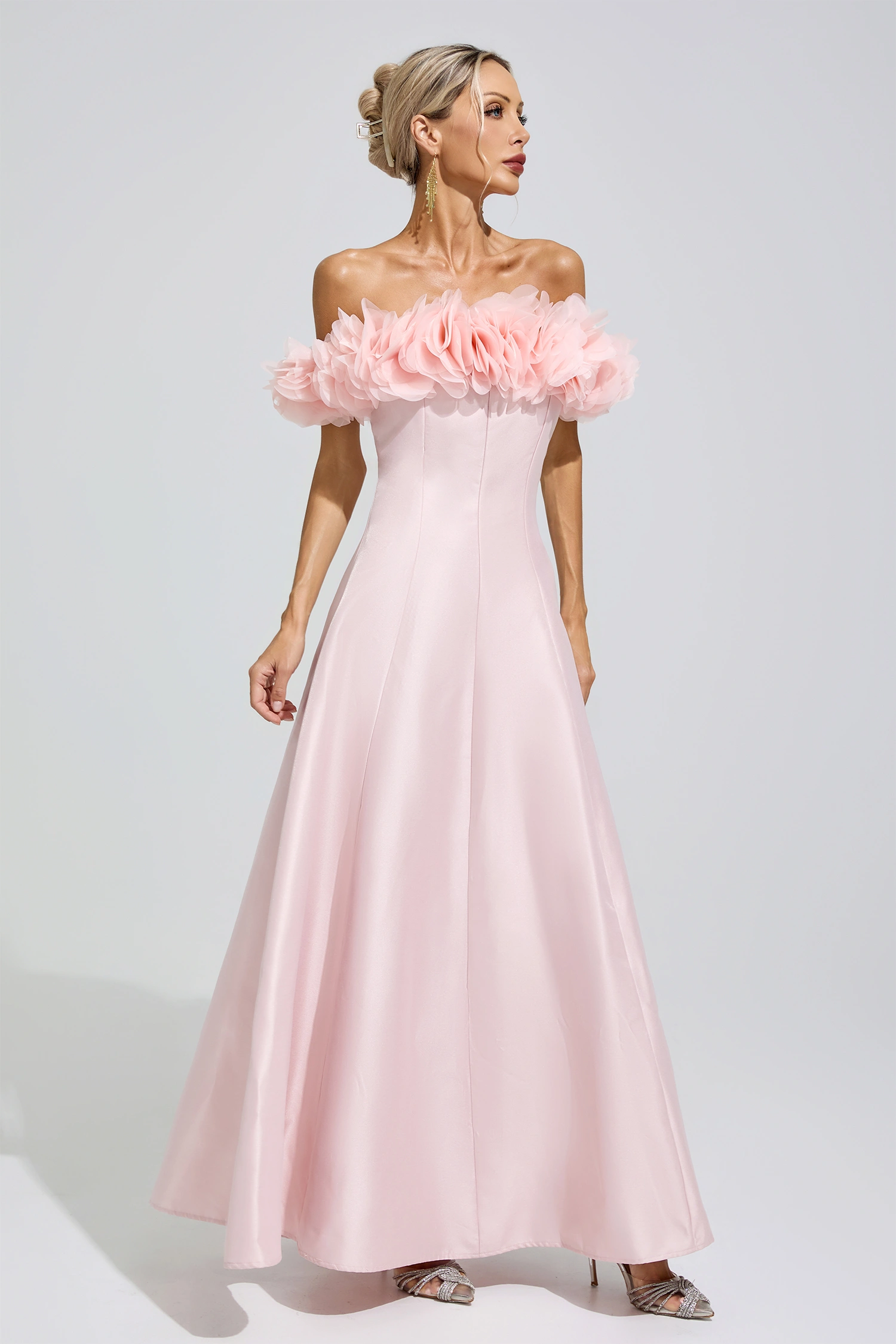 Nightingale Pink 3D Floral Strapless Satin Maxi Dress