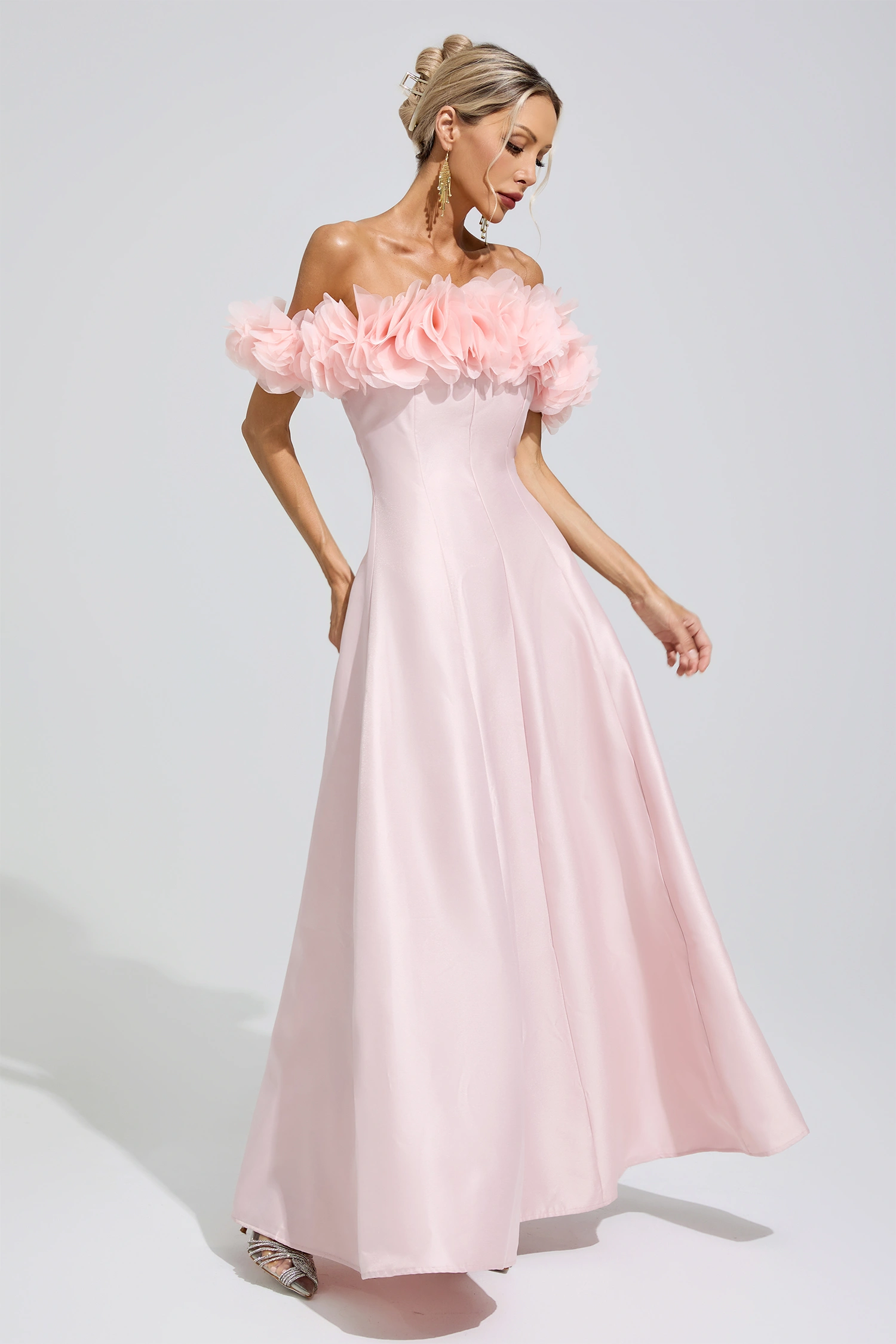 Nightingale Pink 3D Floral Strapless Satin Maxi Dress