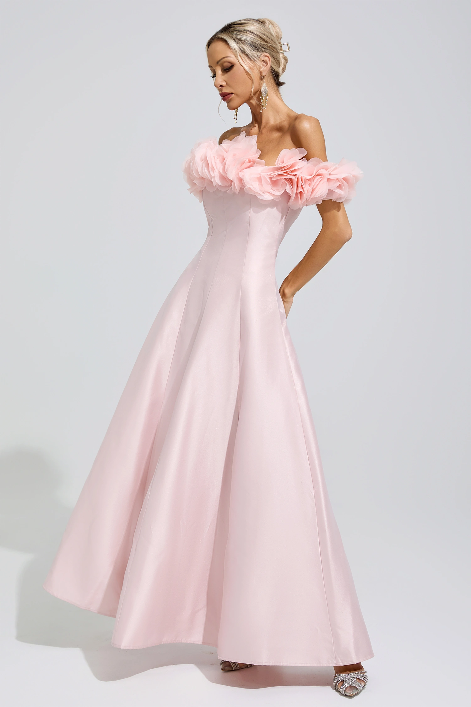 Nightingale Pink 3D Floral Strapless Satin Maxi Dress