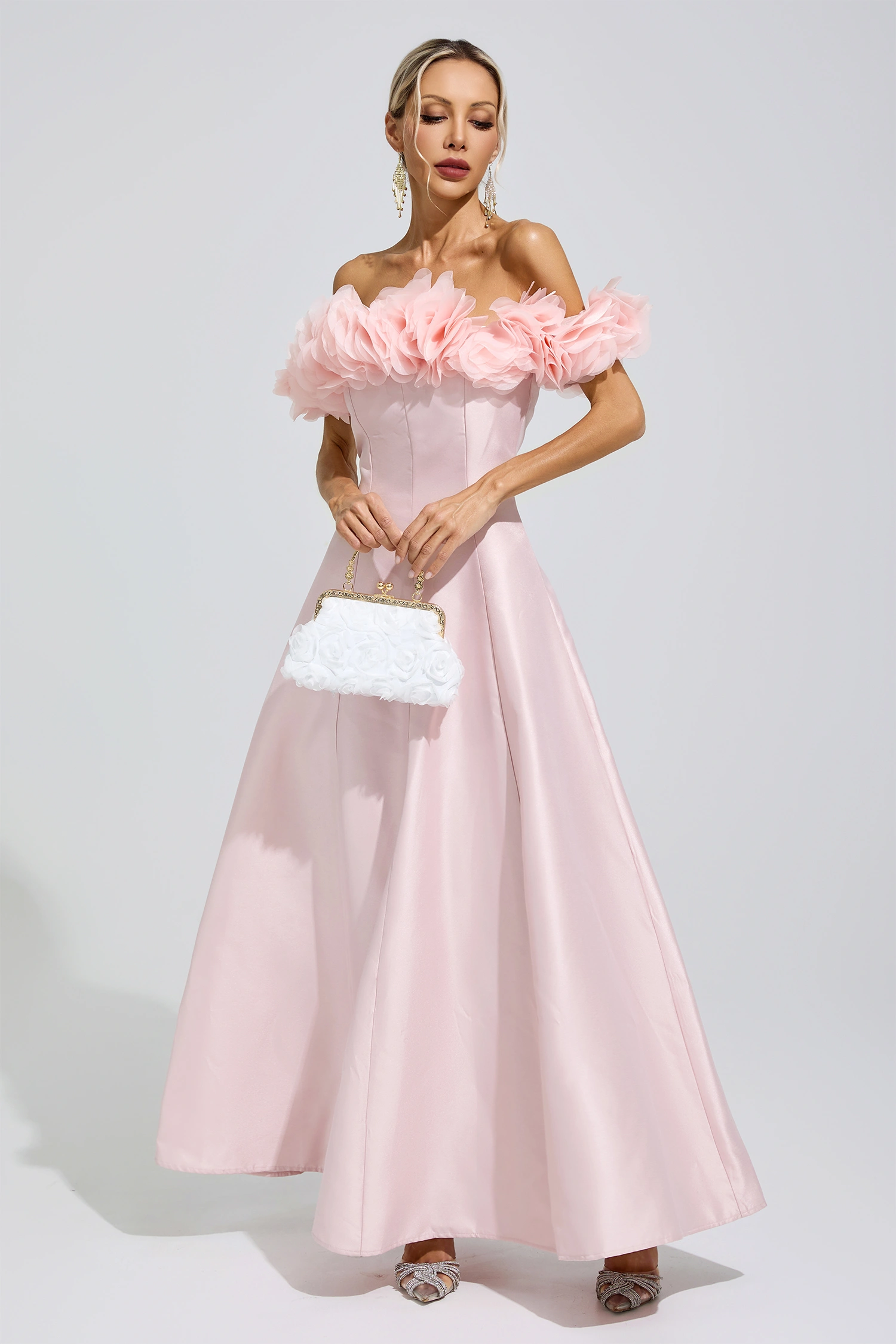 Nightingale Pink 3D Floral Strapless Satin Maxi Dress