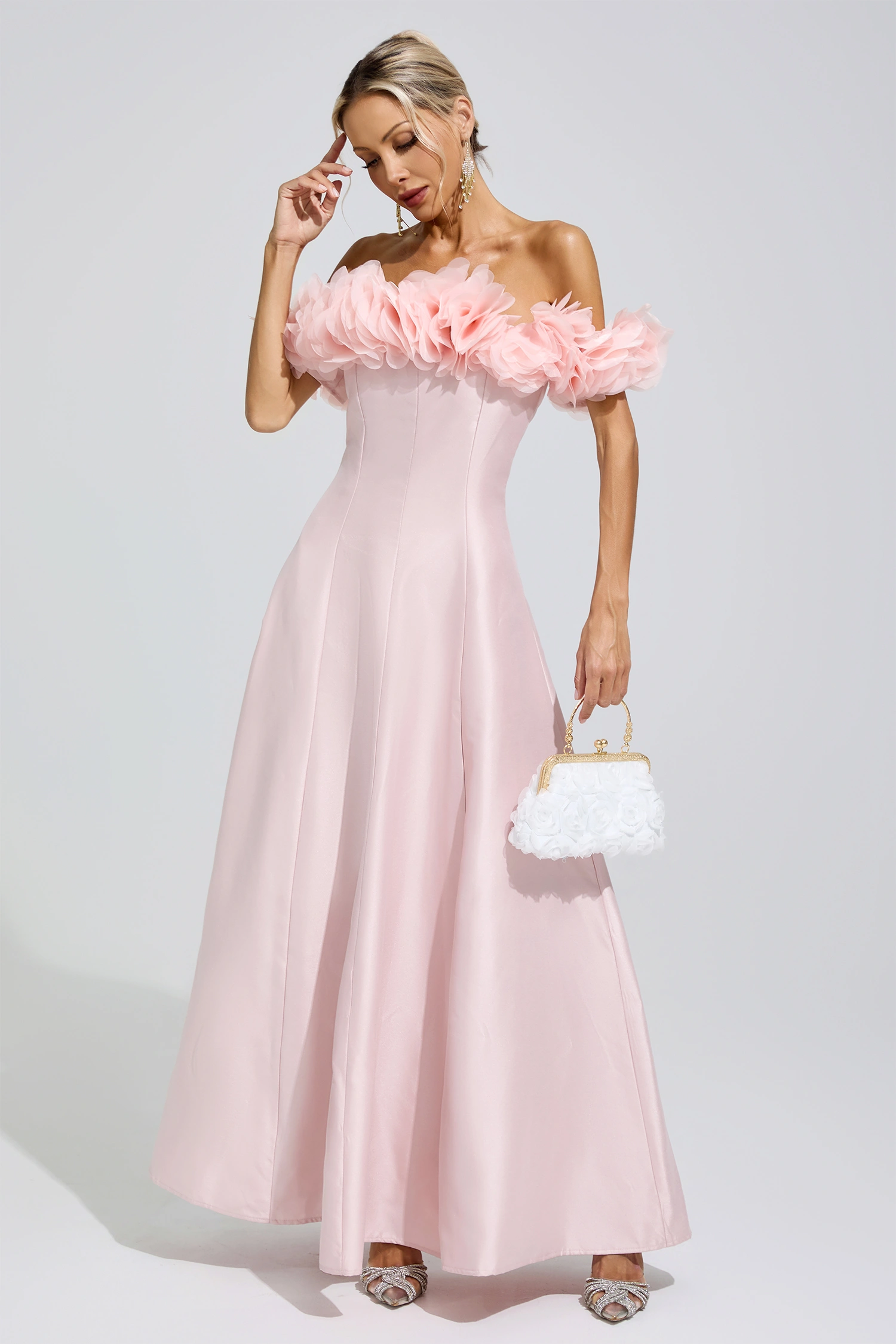 Nightingale Pink 3D Floral Strapless Satin Maxi Dress
